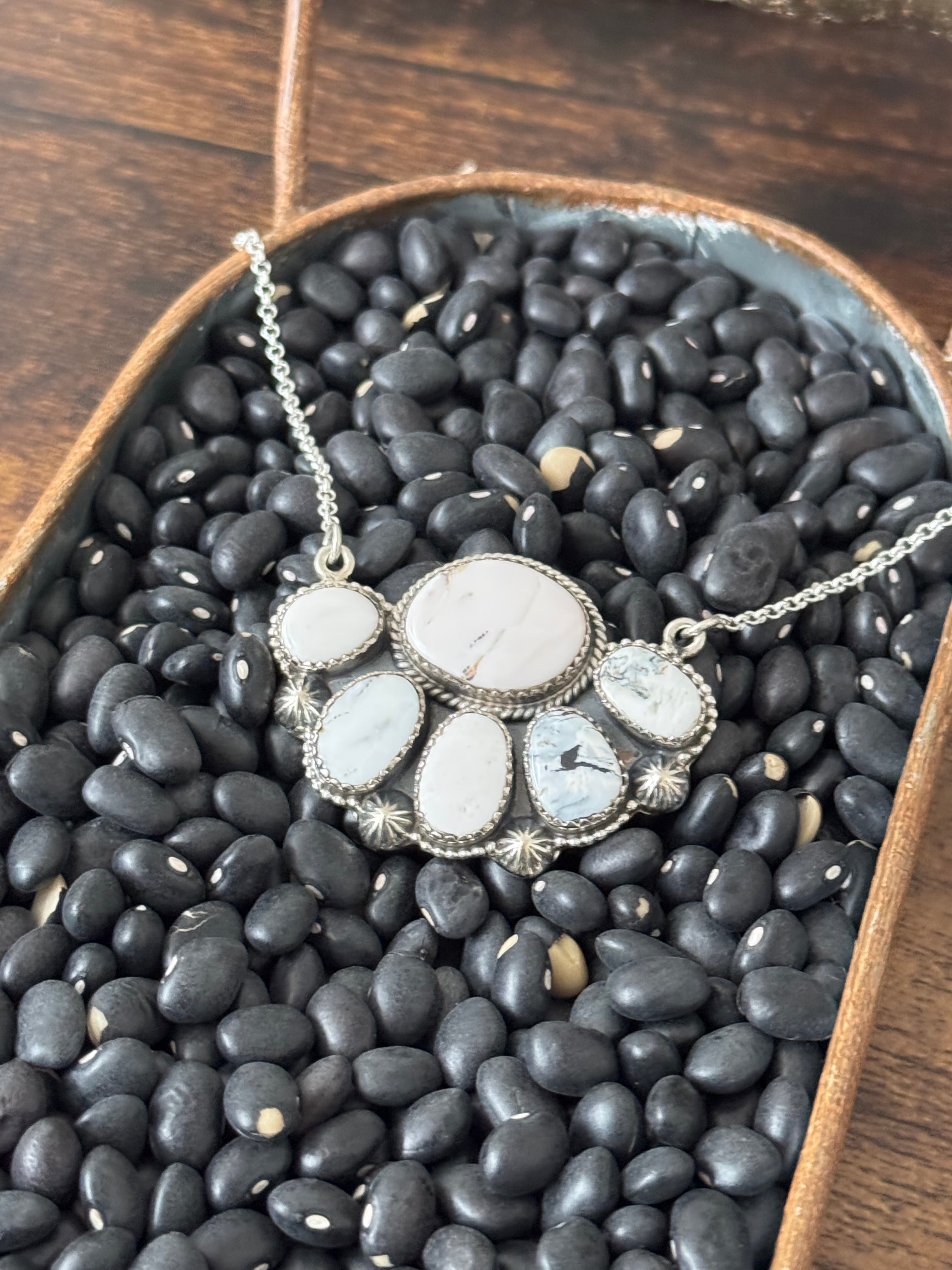 Southwest White Buffalo & Sterling Silver Cluster Necklace