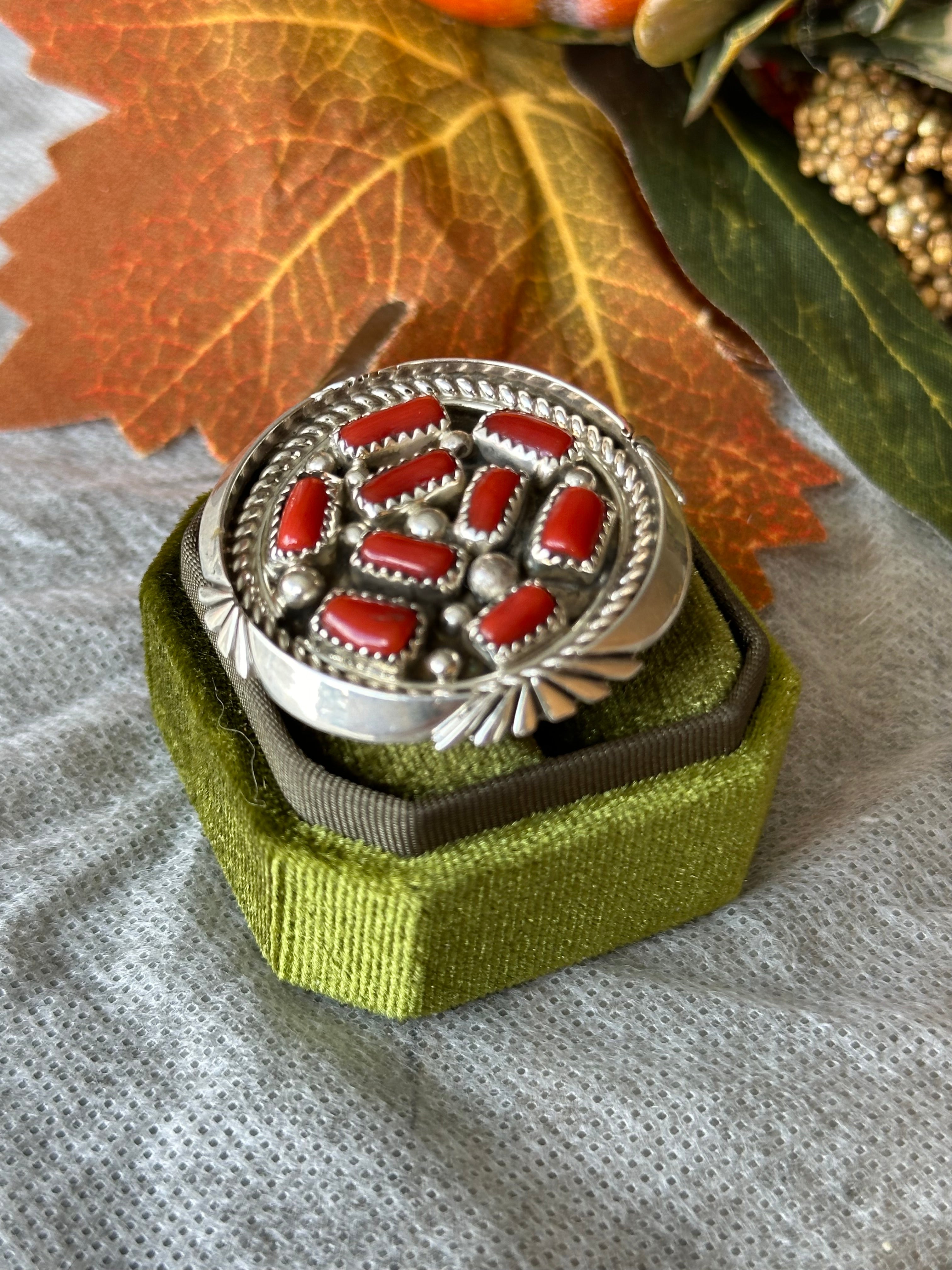 Navajo Handmade Red Coral & Sterling Silver Cluster Ring