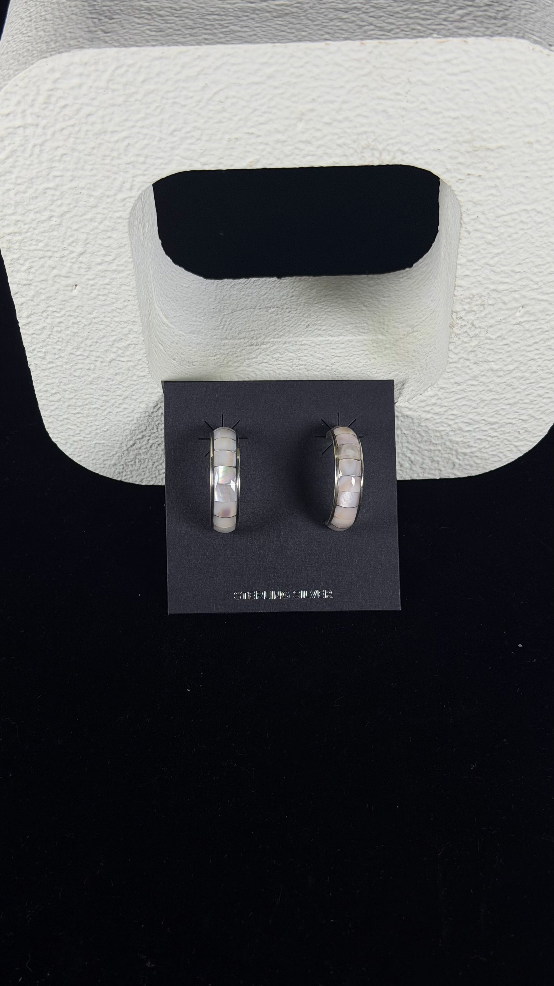 OLD PAWN Navajo Made Mother of Pearl & Sterling Silver Post Hoop Inlay Earrings