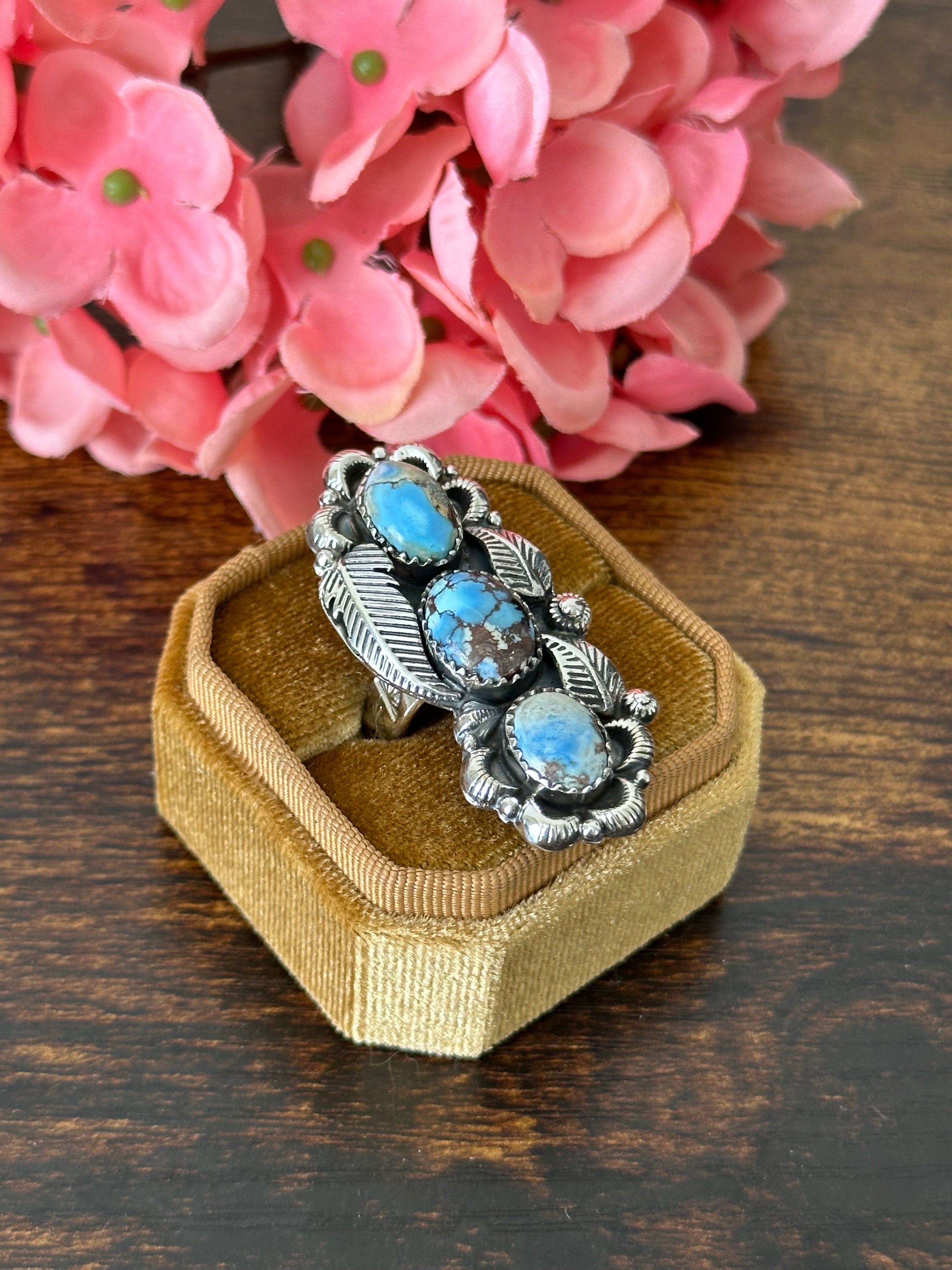 Southwest Handmade Golden Hills Turquoise & Sterling Silver Cluster Adjustable Ring