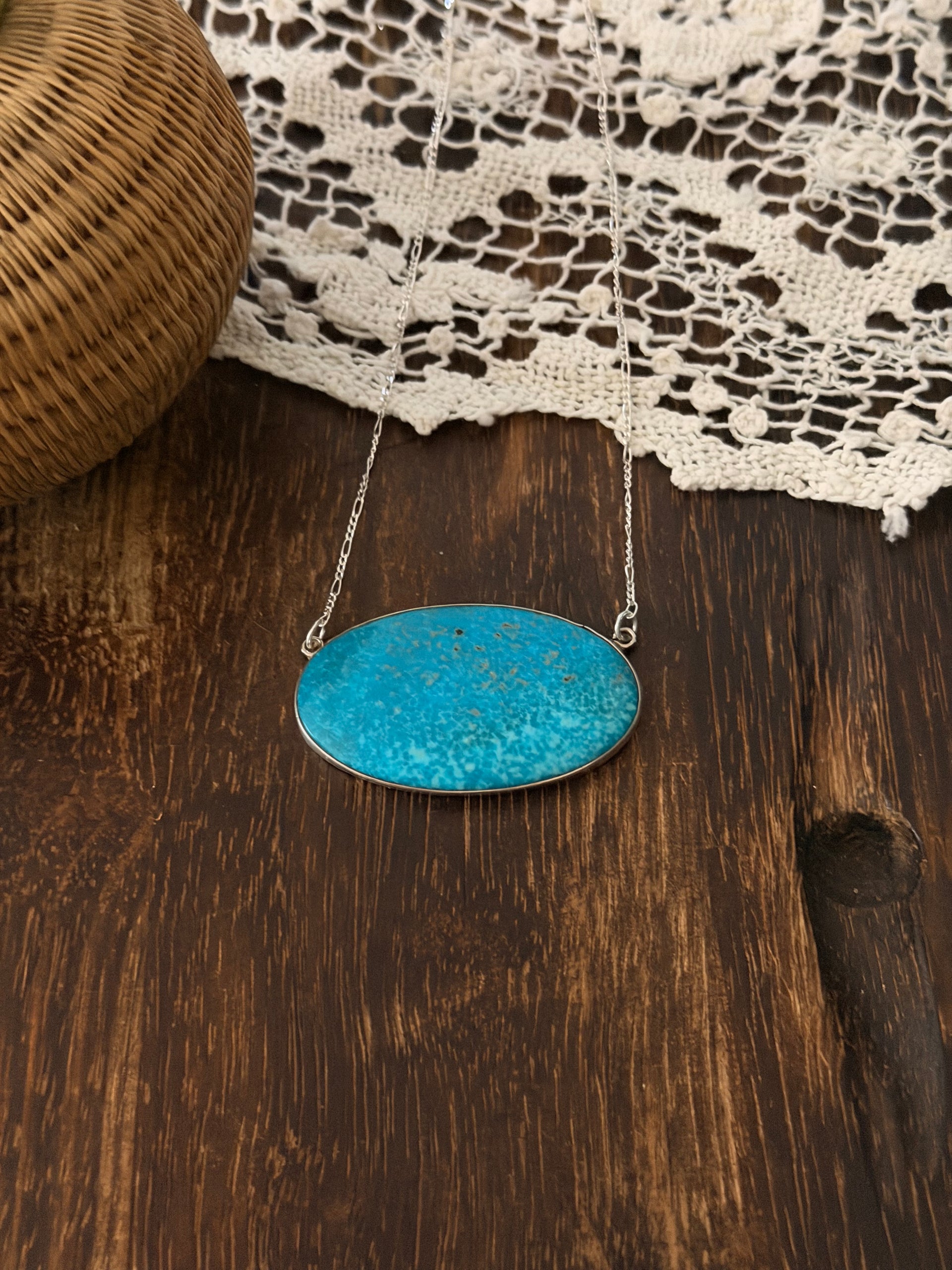 Navajo Made Kingman Turquoise & Sterling Silver Bar Necklace