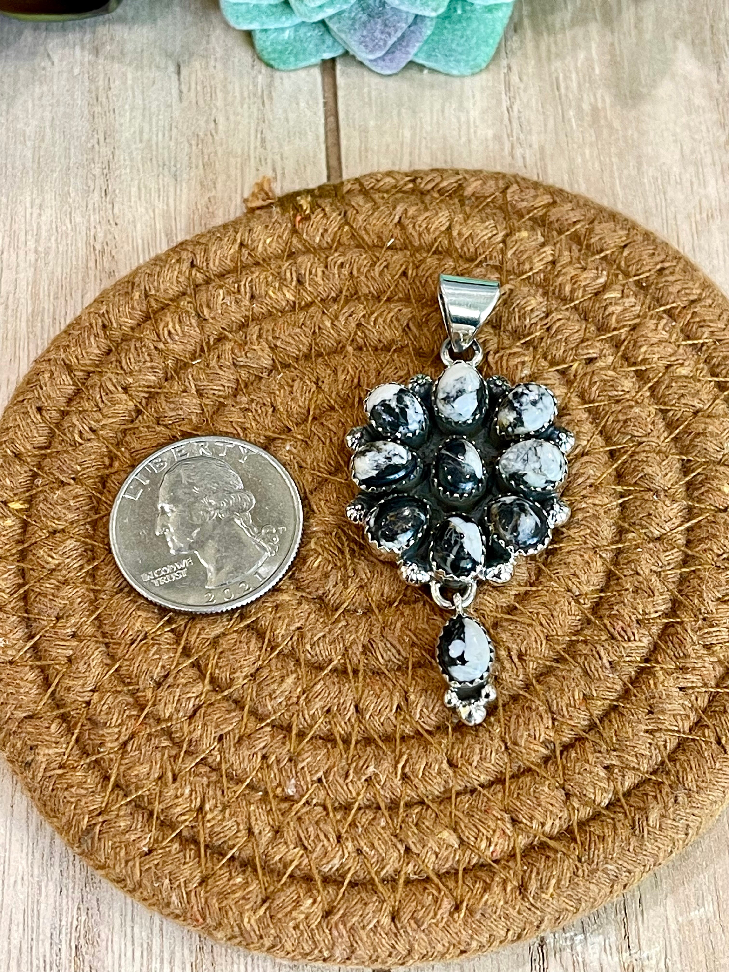 Southwest Handmade White Buffalo & Sterling Silver Cluster Dangle Pendant