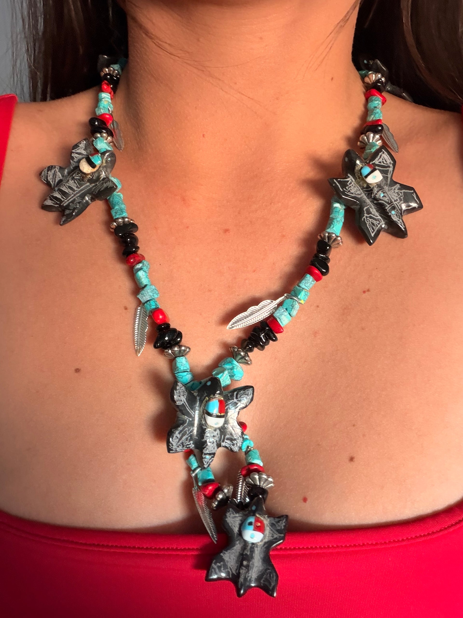 Zuni Strung Multi Stone & Sterling Silver Beaded Fetish Necklace