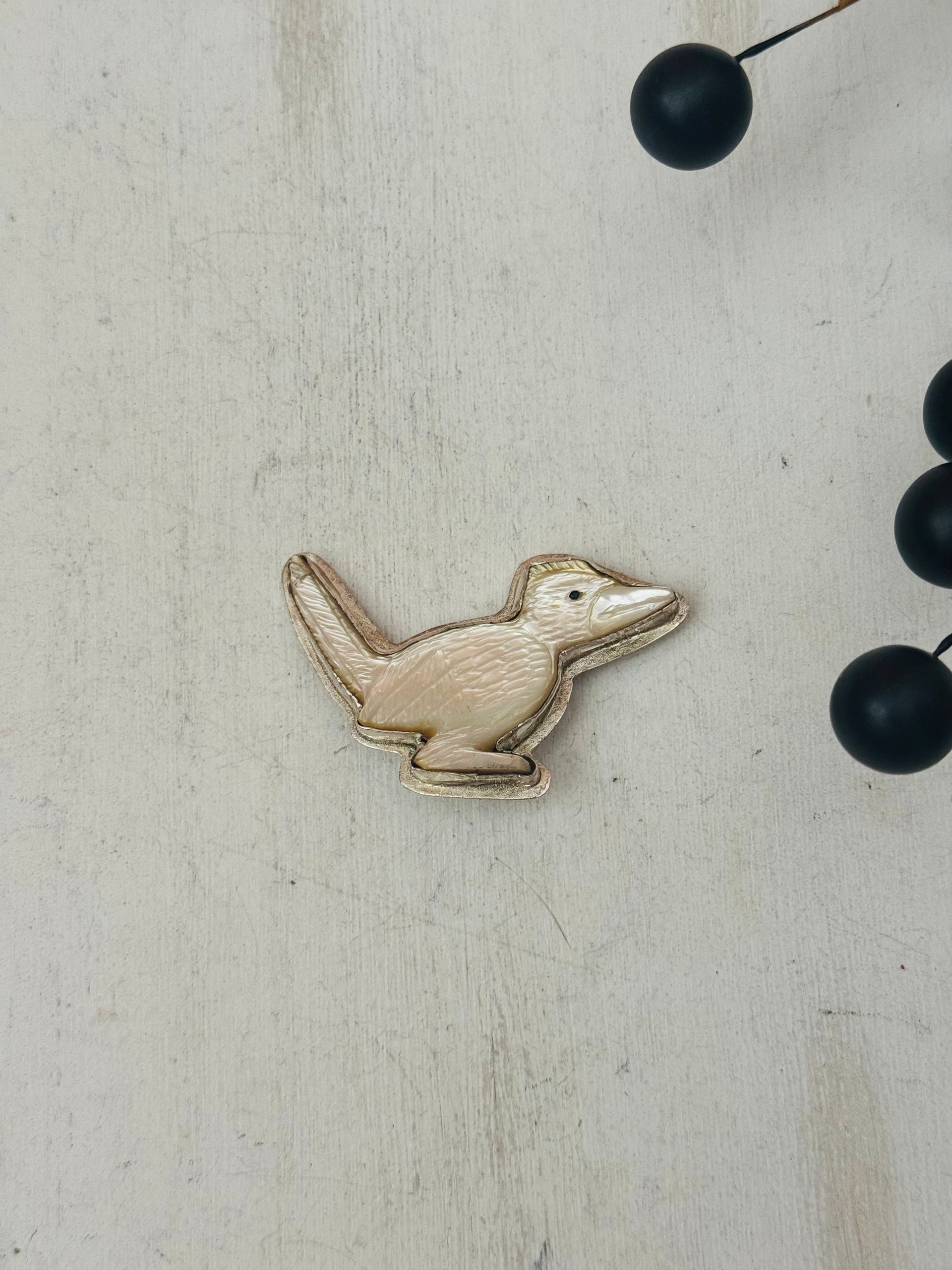 Zuni Made Mother of Pearl & Sterling Silver Roadrunner Pin