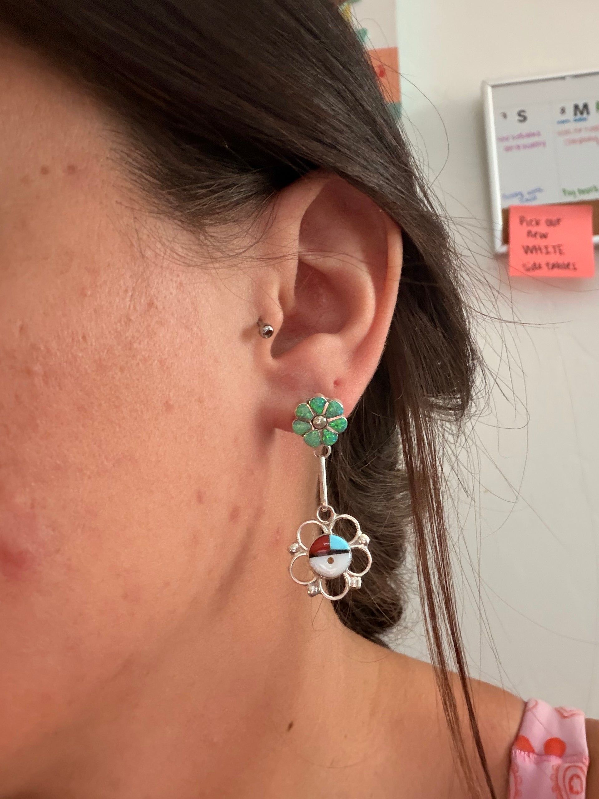 Zuni Made Multi Stone & Sterling Silver Inlay Sunface Dangle Earrings