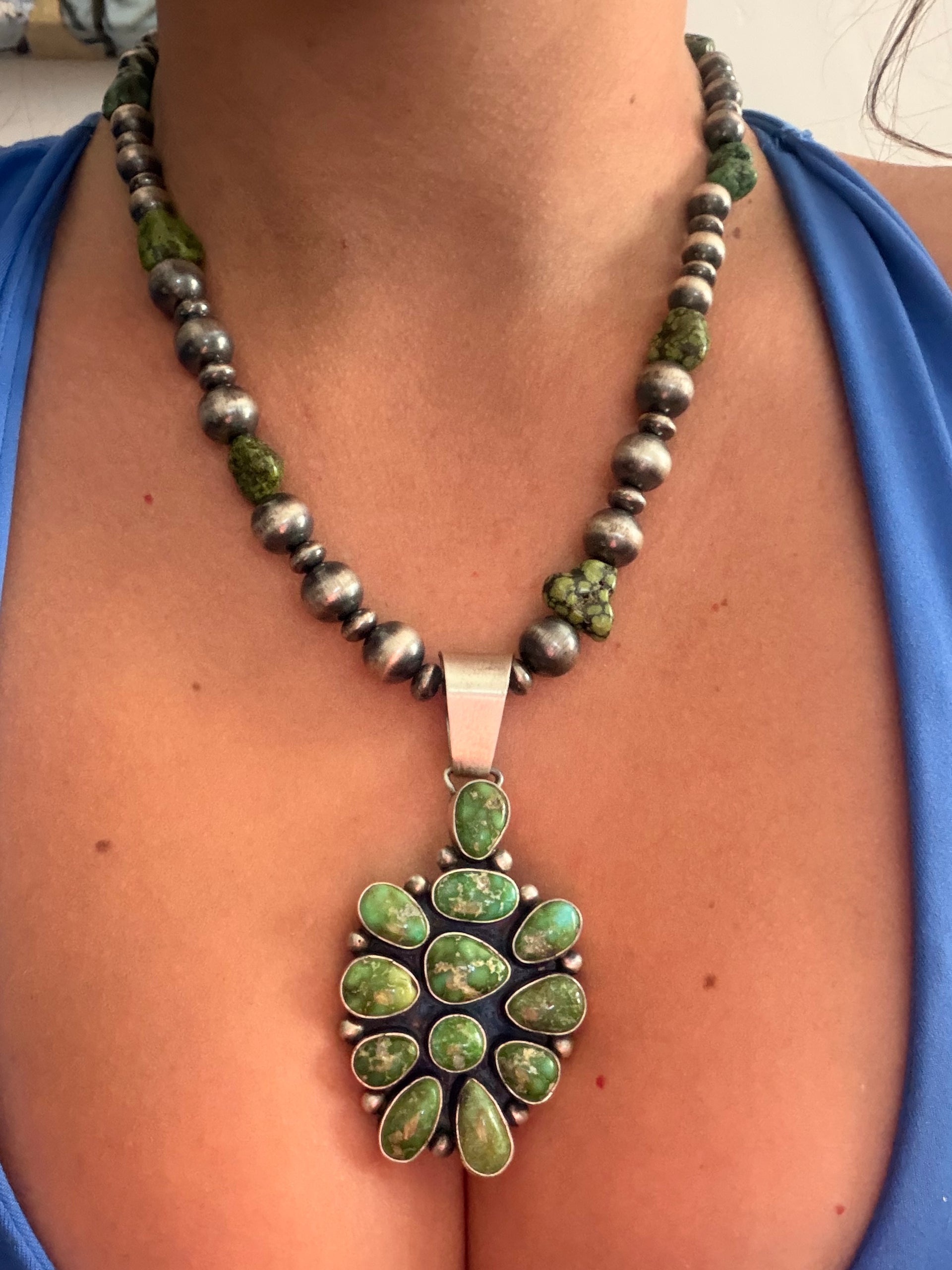 Paul Livingston Sonoran Gold Turquoise & Sterling Silver Cluster Graduated Pearl Necklace