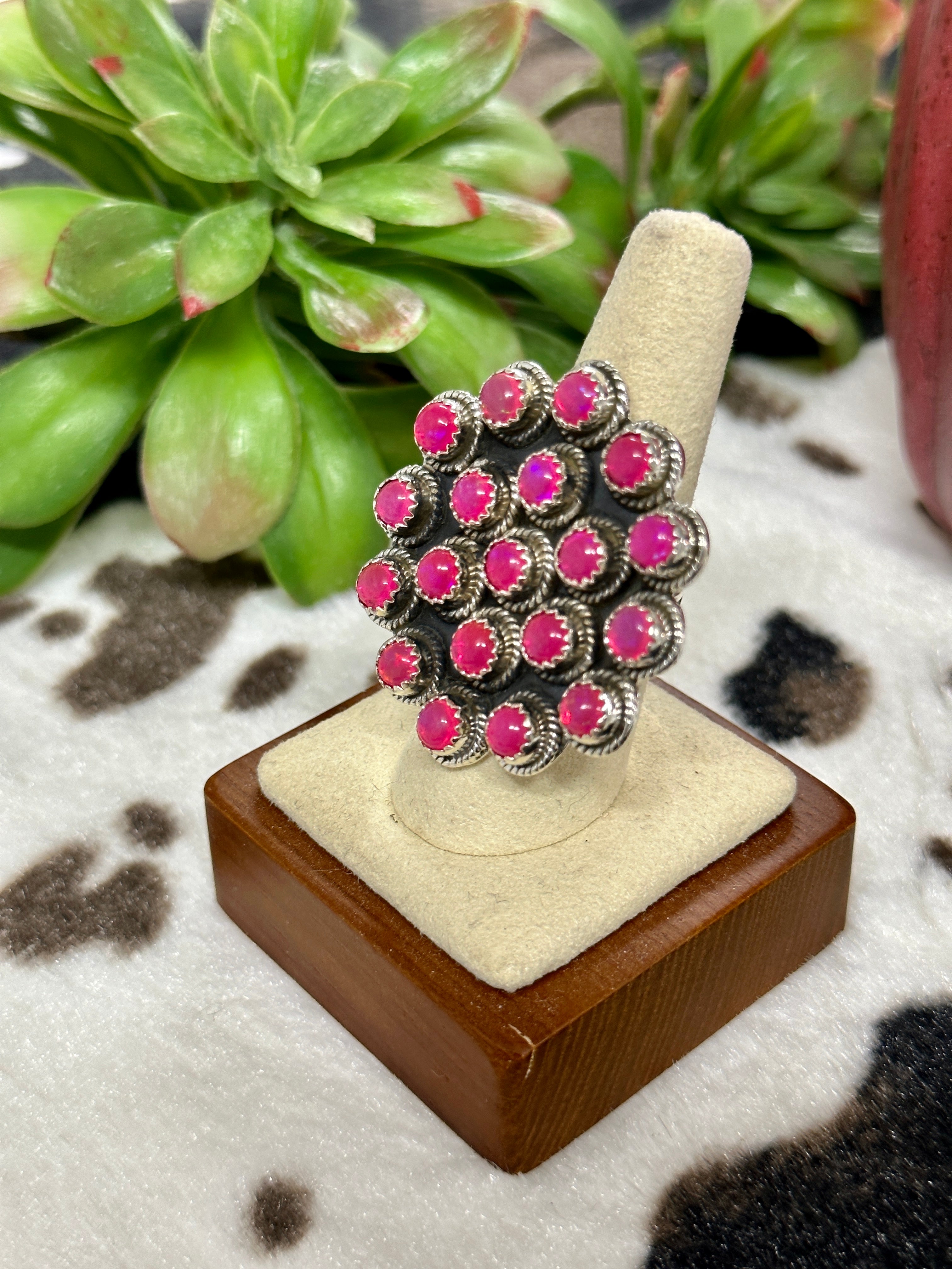 Southwest Handmade Pink Opal & Sterling Silver Cluster Adjustable Ring