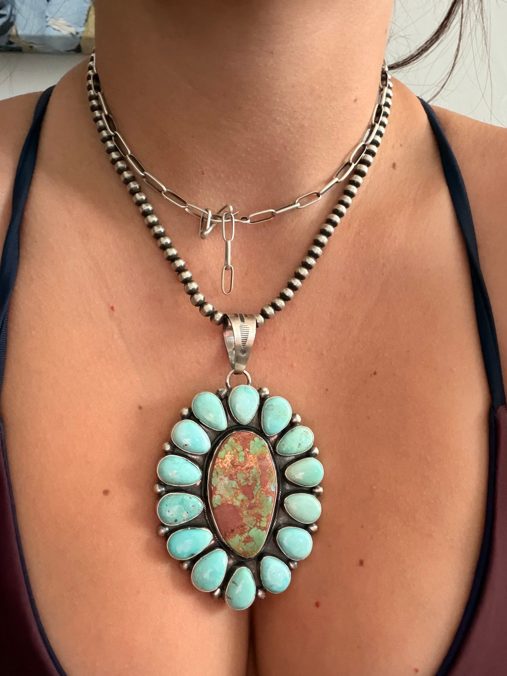 Betty Tom Mixed Turquoise & Sterling Silver Cluster Pendant