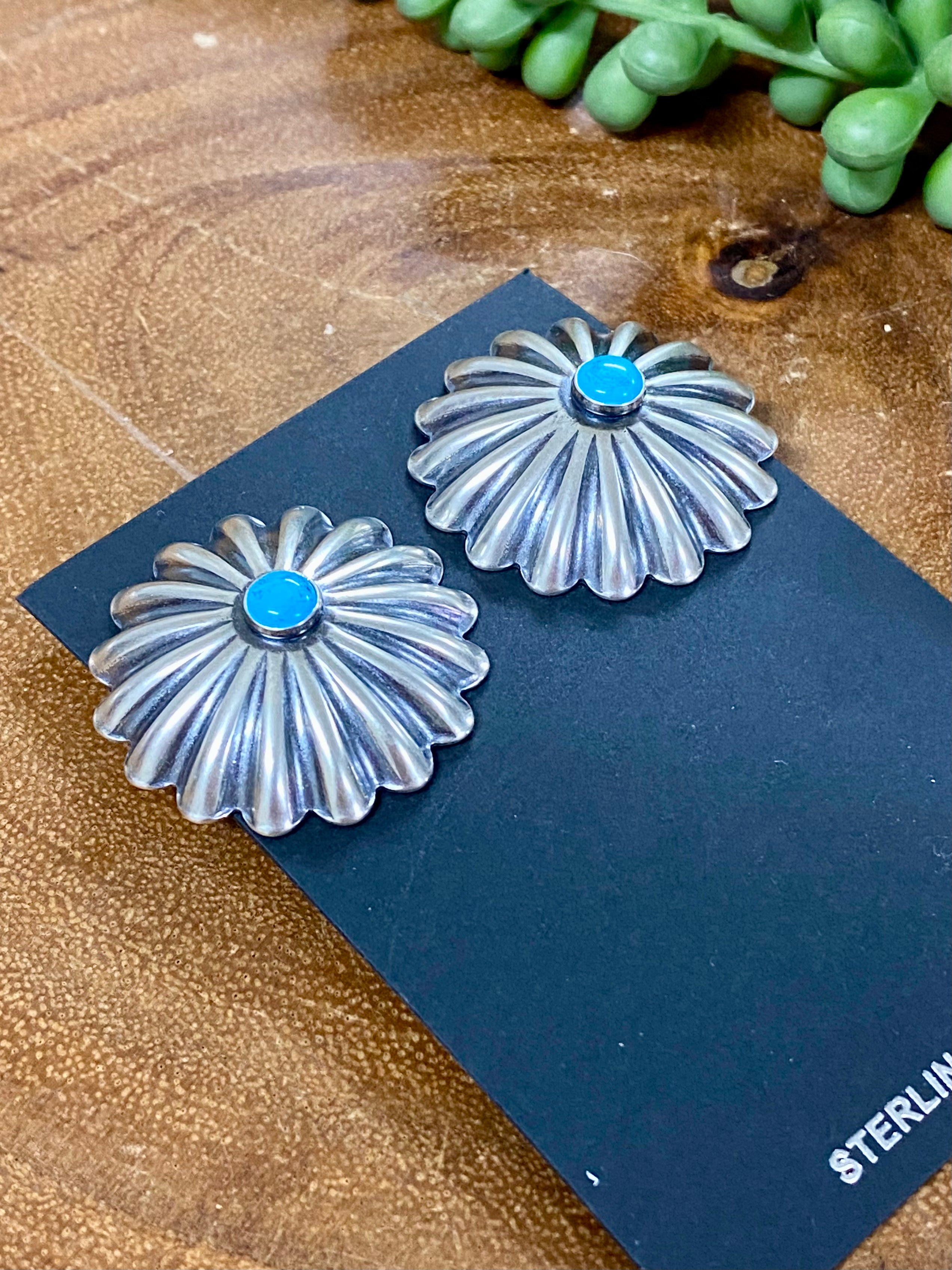 Navajo Made Kingman Turquoise & Sterling Silver Post Earrings