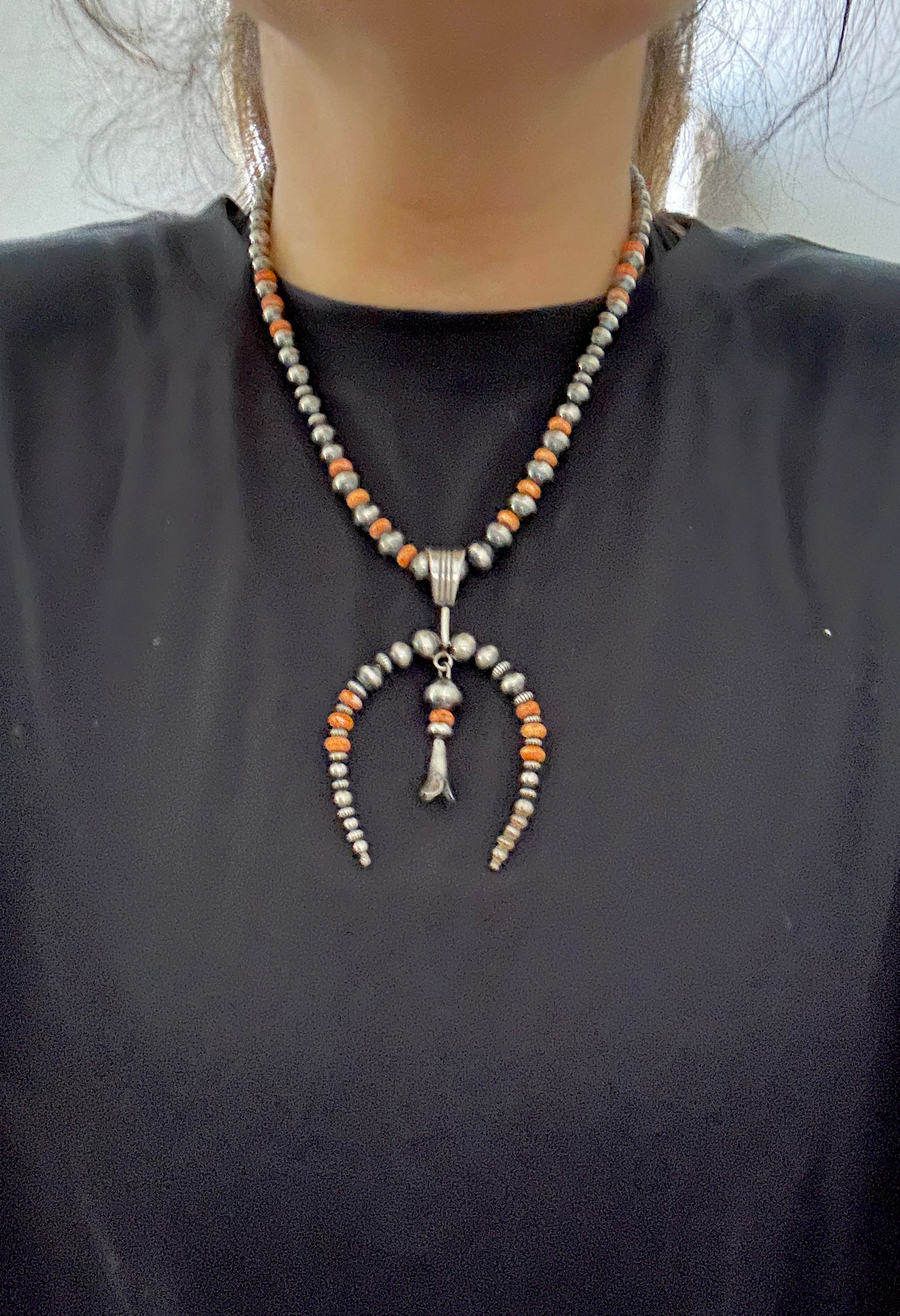Navajo Made Spiny Oyster & Sterling Silver Naja Pearl Necklace