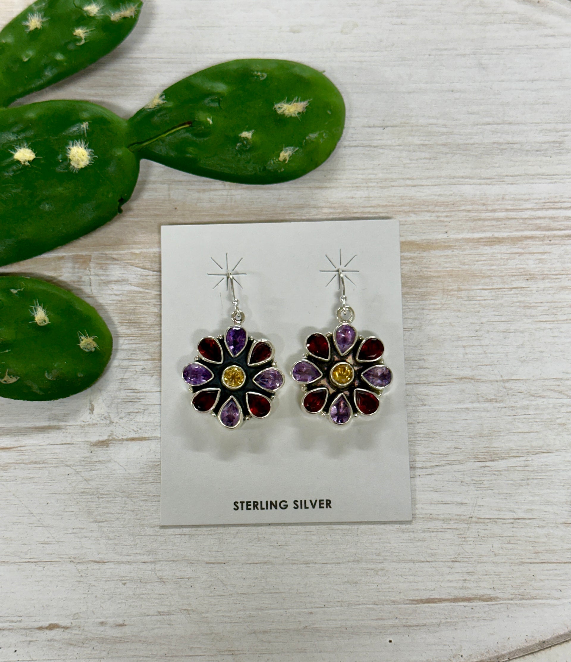 Southwest Handmade Multi Stone & Sterling Silver Cluster Dangles Earrings
