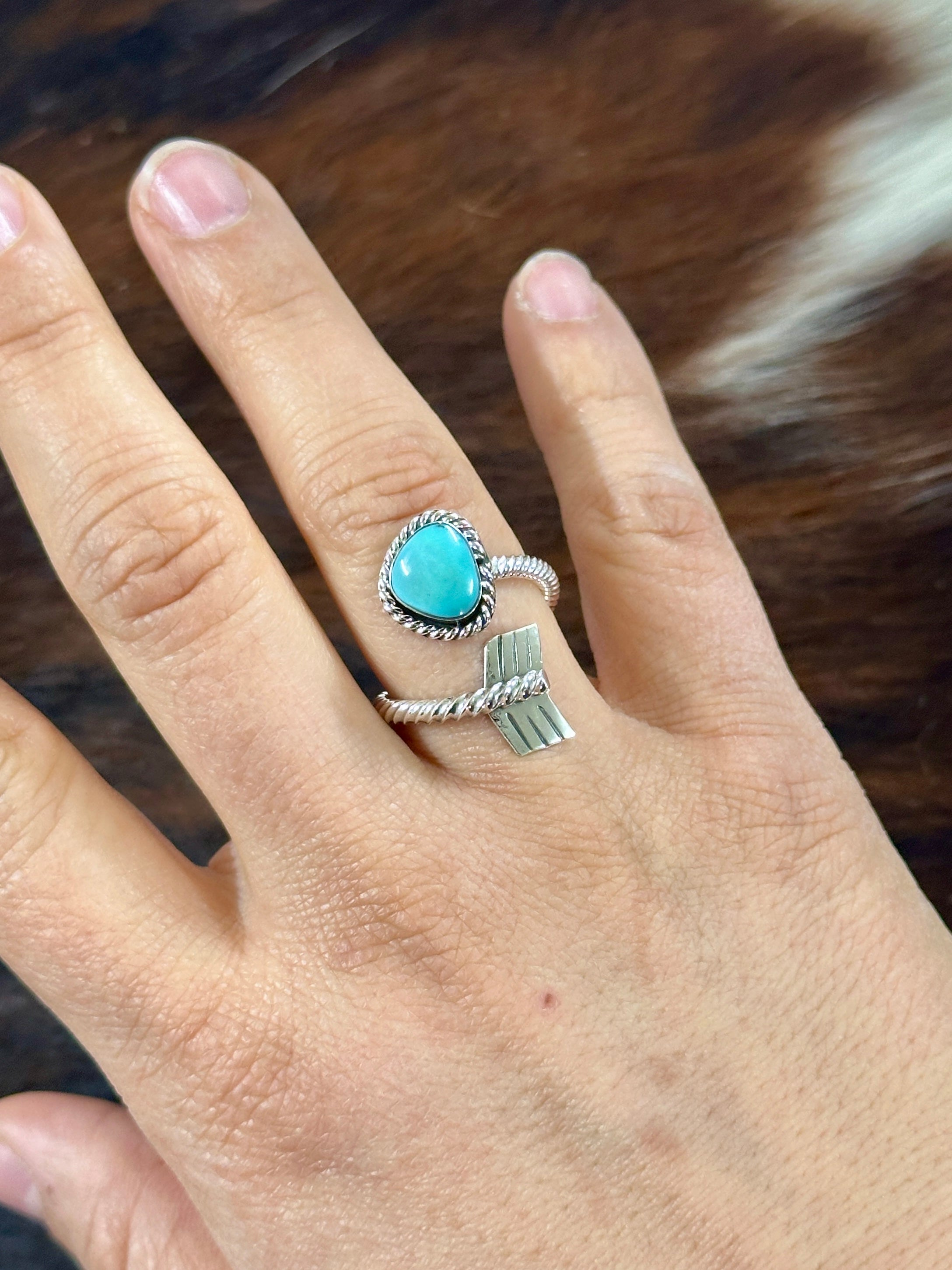 Navajo Made Kingman Turquoise & Sterling Silver Adjustable Feather Ring