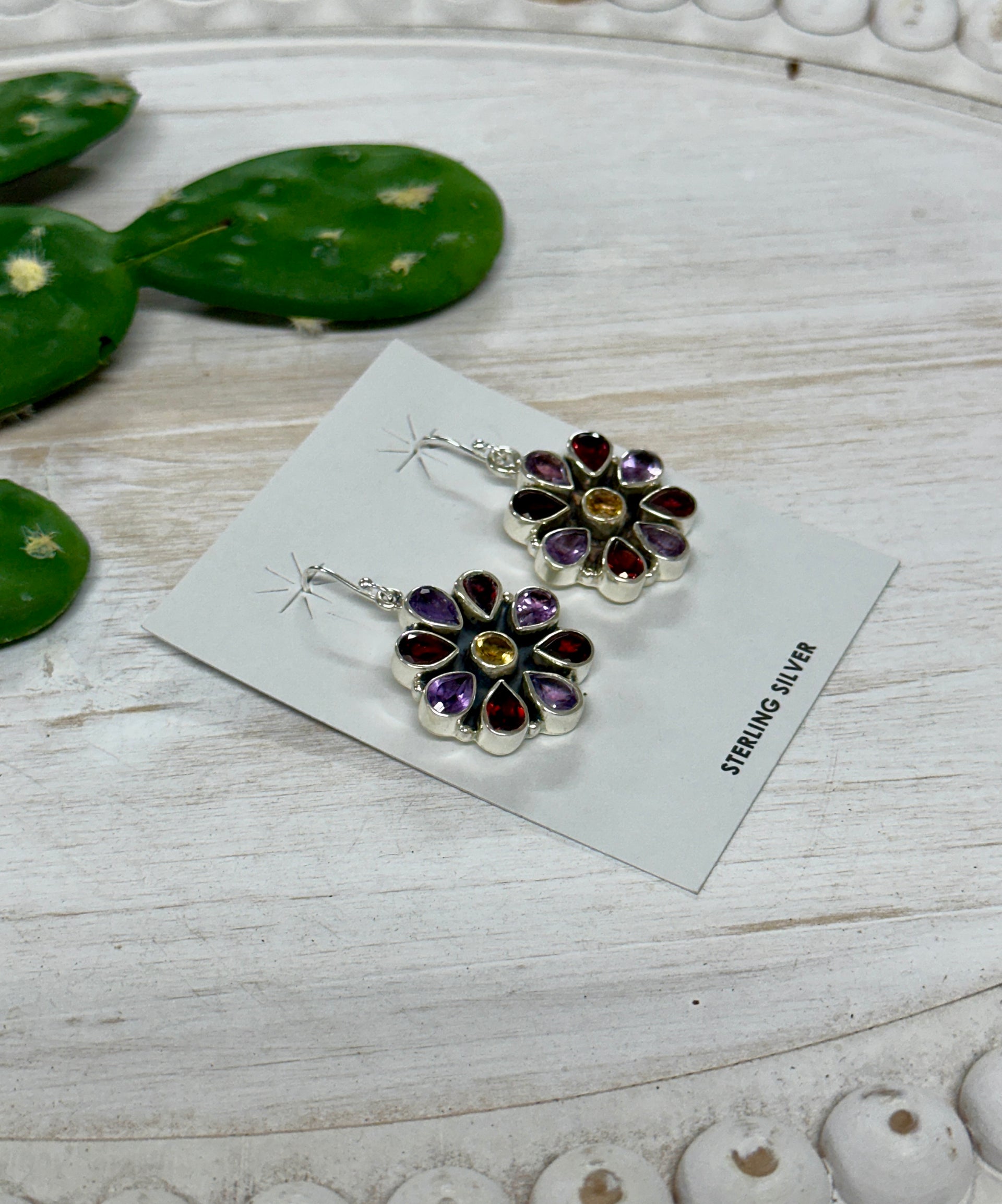 Southwest Handmade Multi Stone & Sterling Silver Cluster Dangles Earrings