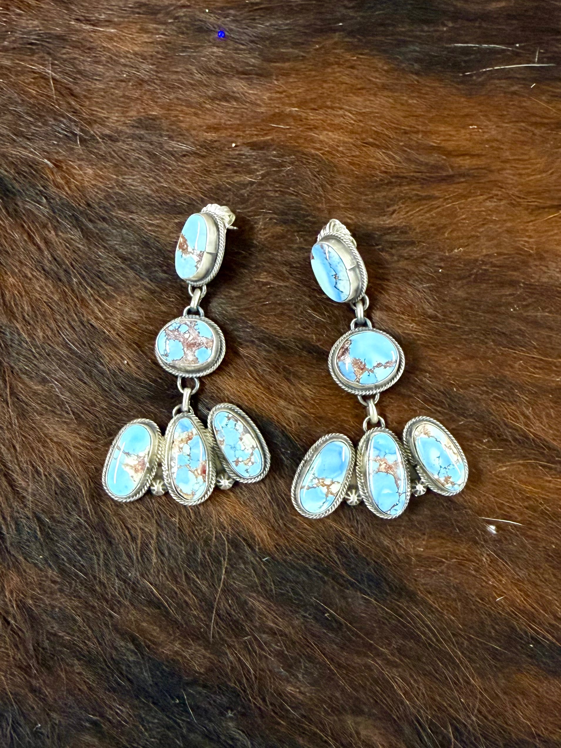Navajo Made Golden Hill’s Turquoise & Sterling Silver Post Dangle Earrings