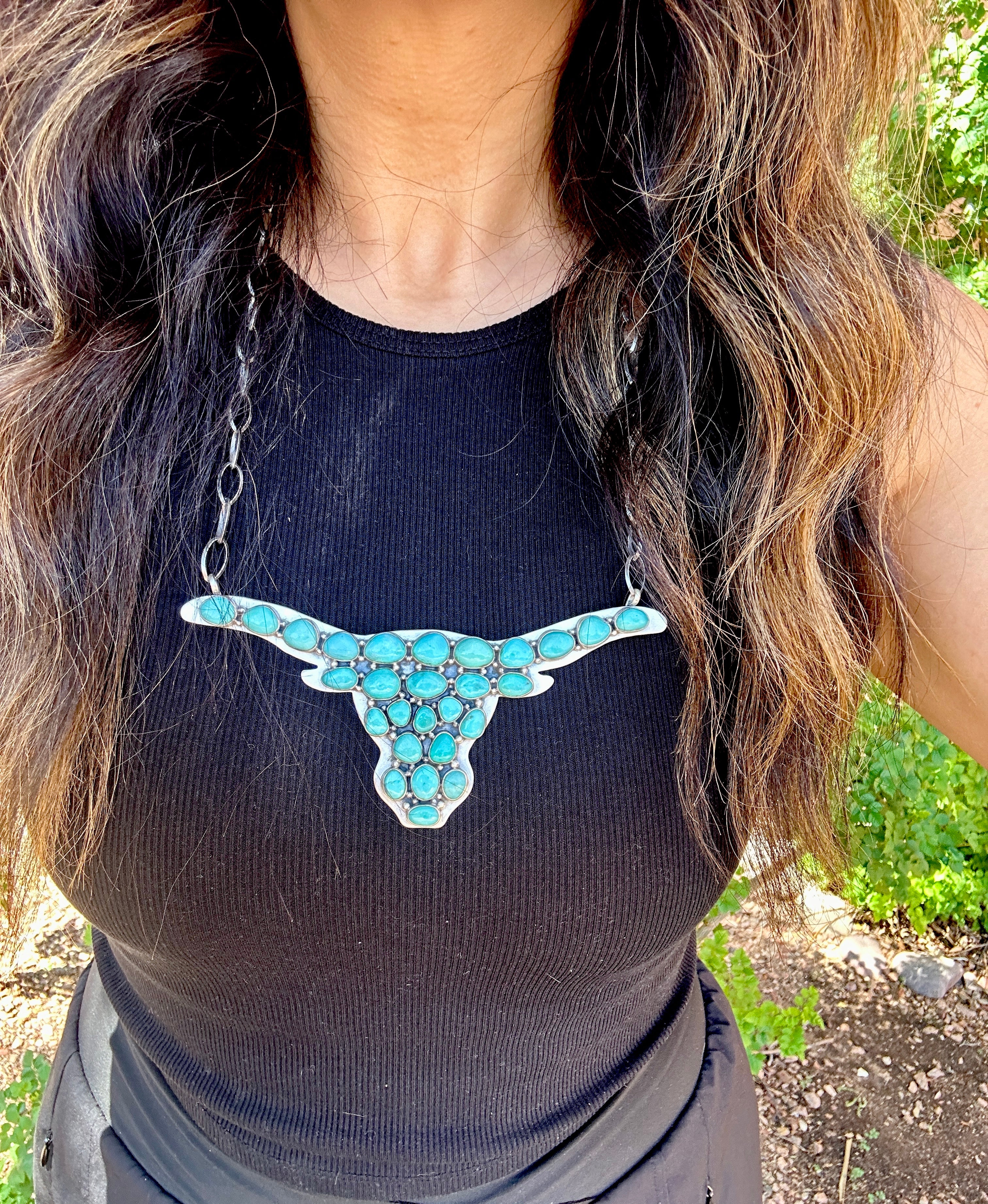 Navajo Made Kingman Turquoise & Sterling Silver Bull Necklace