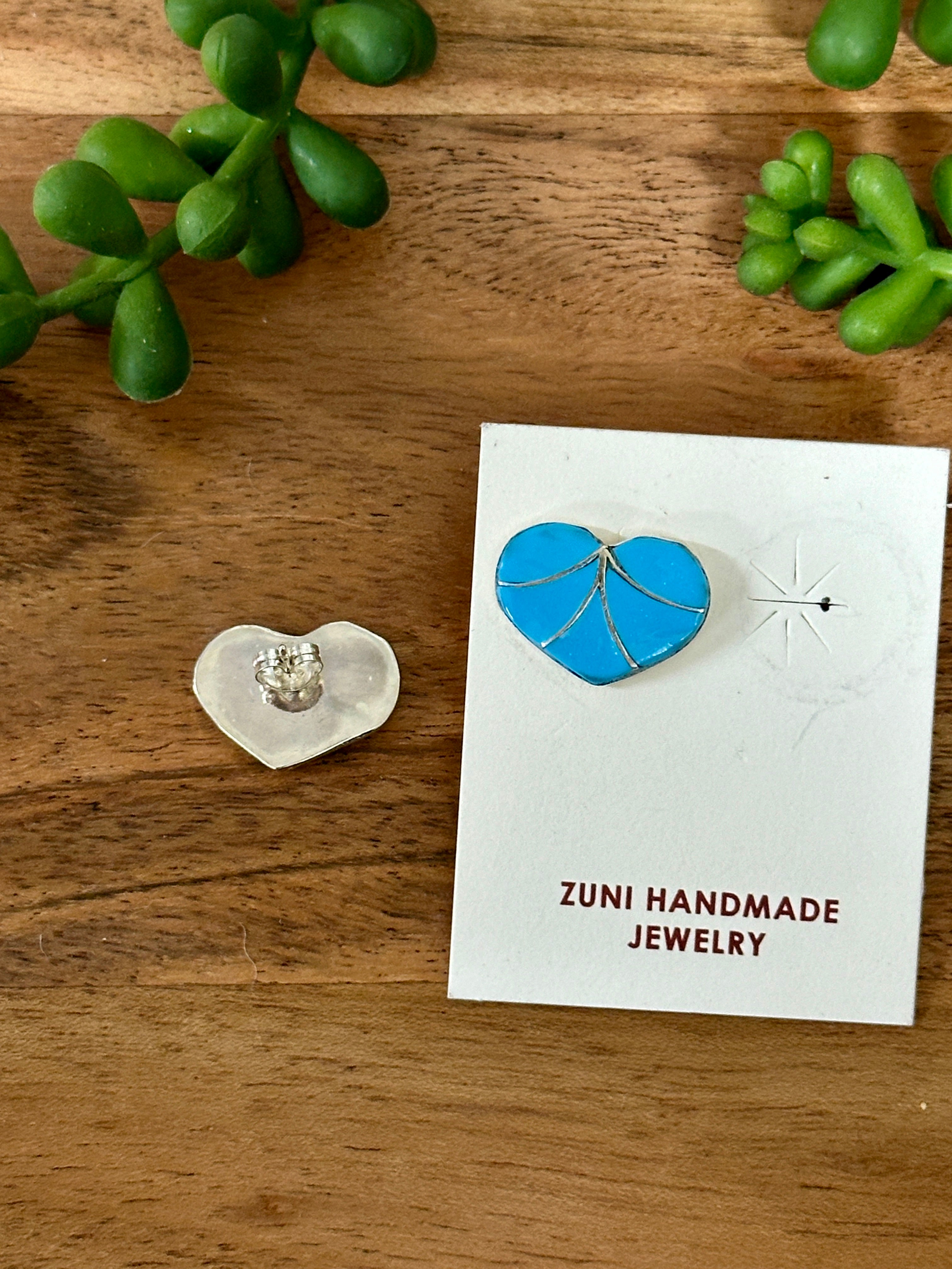 Karen Lalio Turquoise & Sterling Silver Inlay Heart Post Earrings