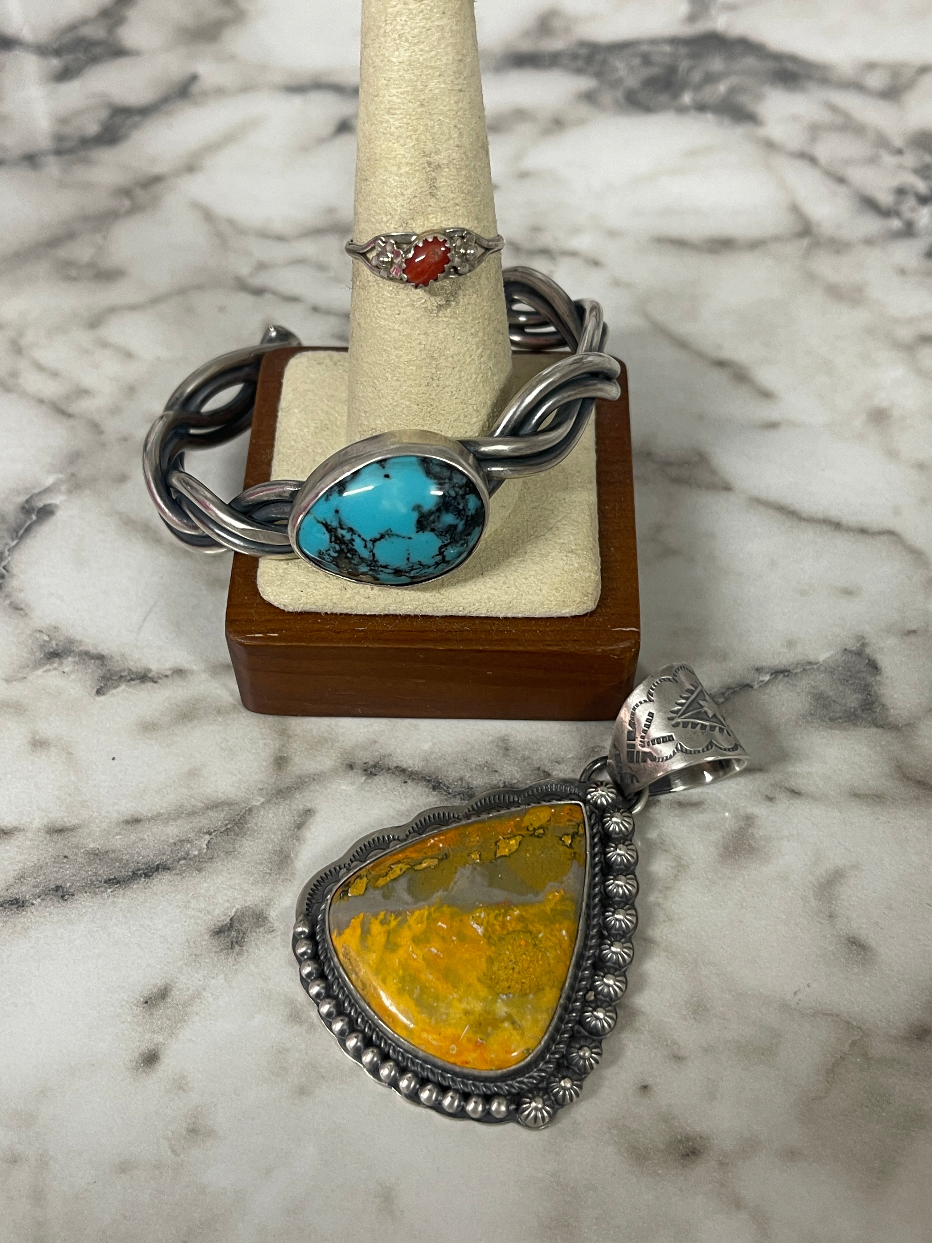 Gilbert Platero Bumblebee Jasper Pendant, Navajo Egyptian Turquoise Cuff, & Navajo Made Red Coral Ring