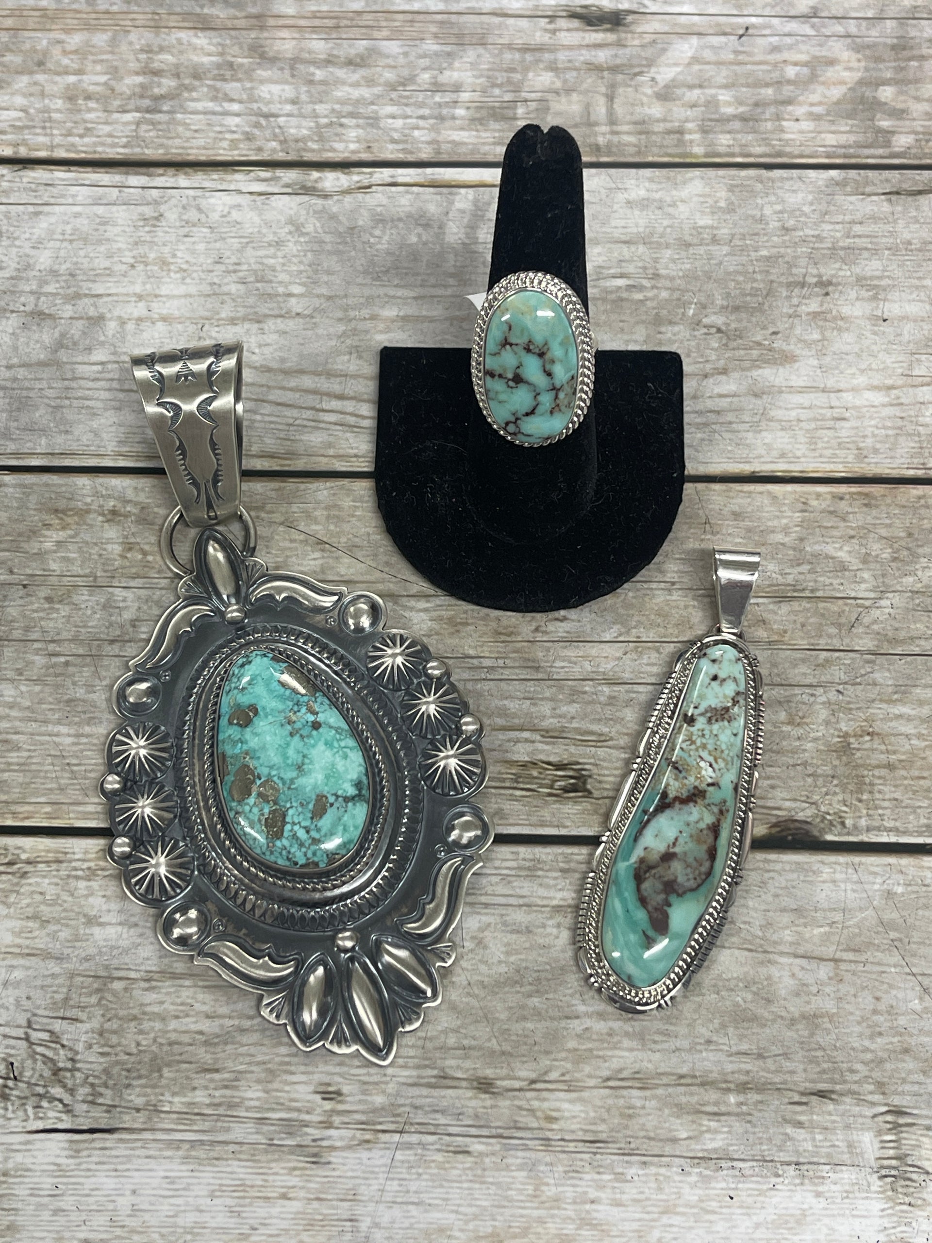 Roland Dixon White Water Pendant, Navajo Made Dry Creek Ring & Matching Pendant.