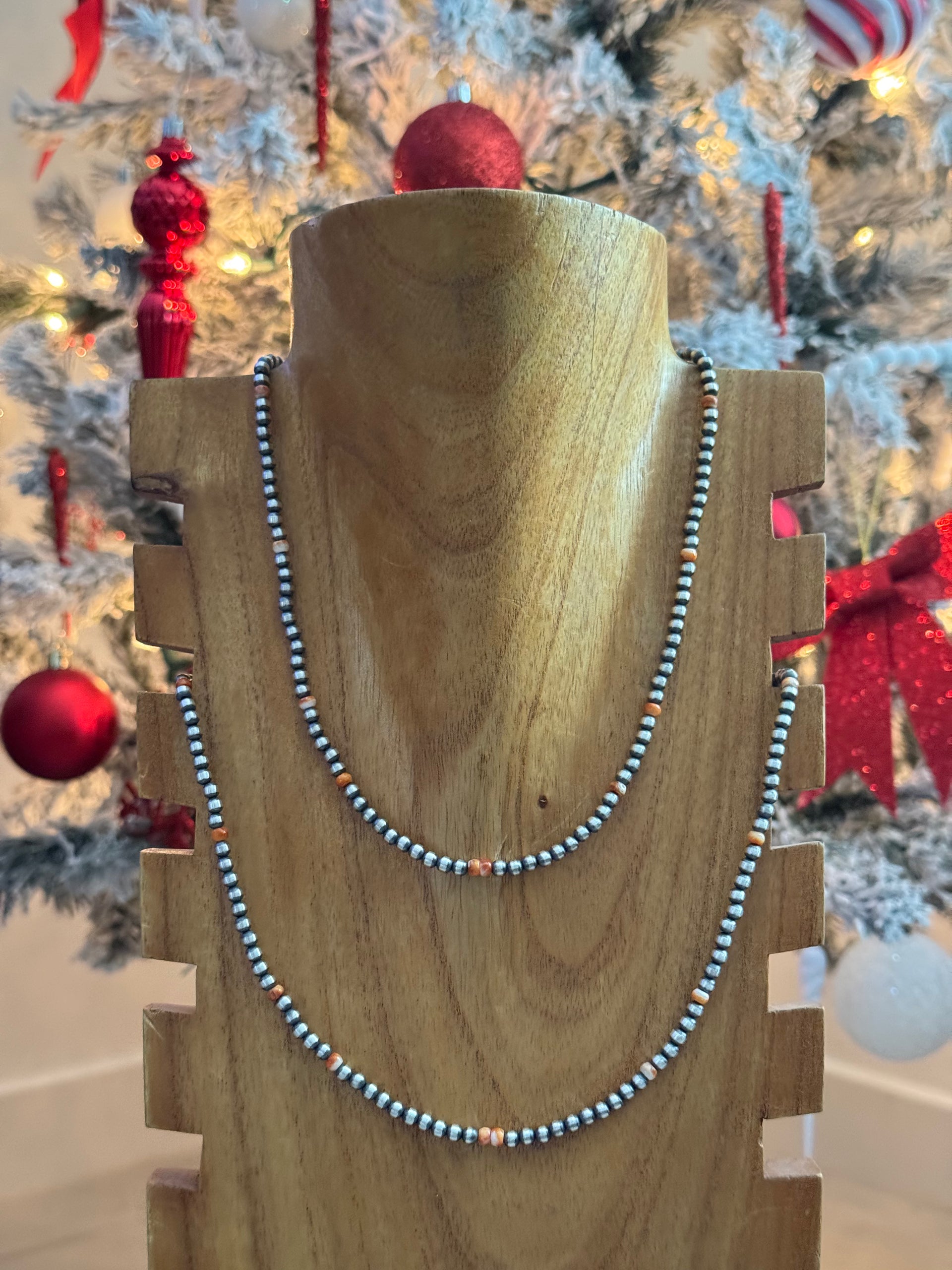 Navajo Strung Red/Orange Spiny Oyster & Sterling Silver Pearl Necklace