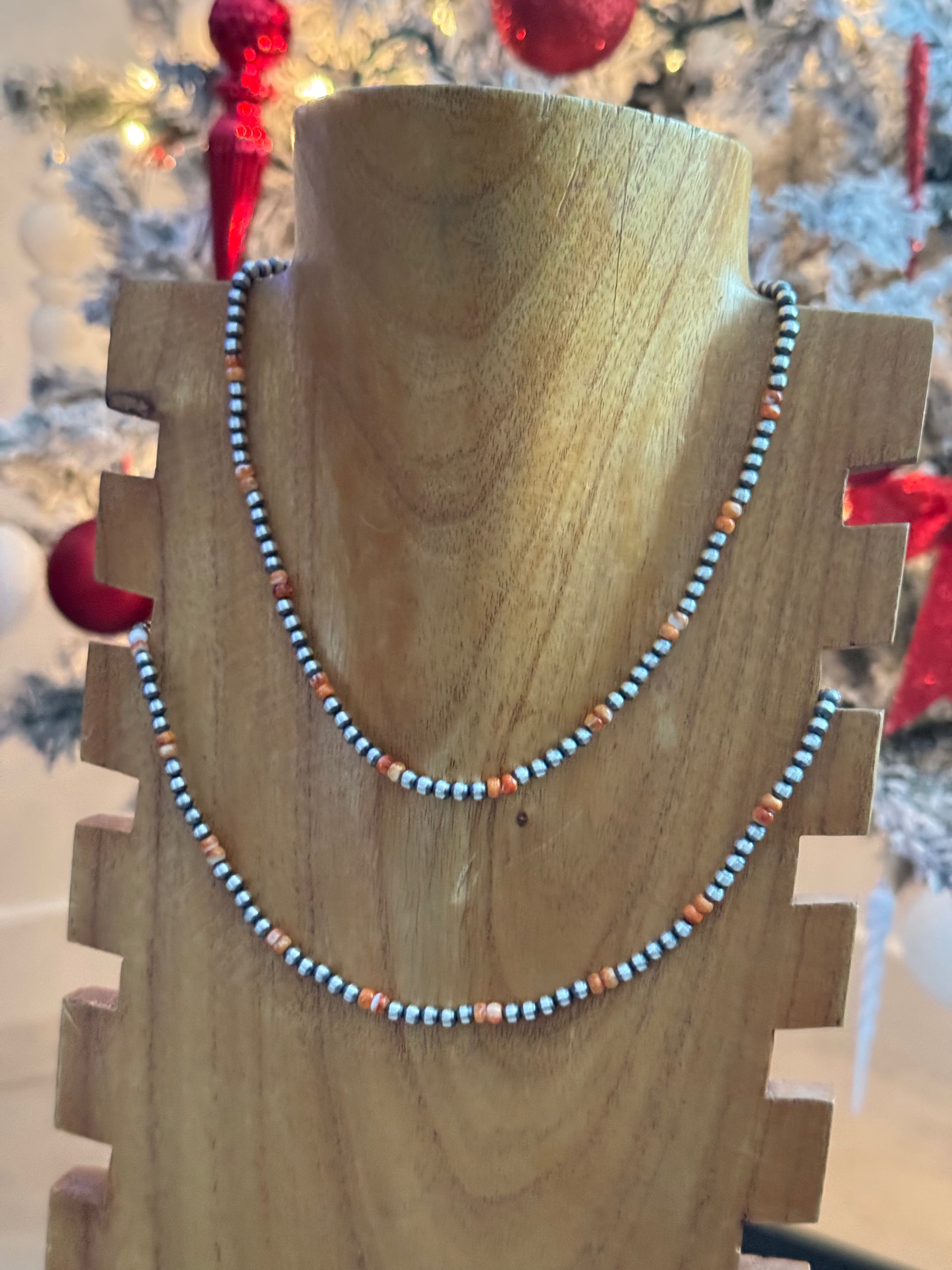 Navajo Strung Red/Orange Spiny Oyster & Sterling Silver Pearl Necklace