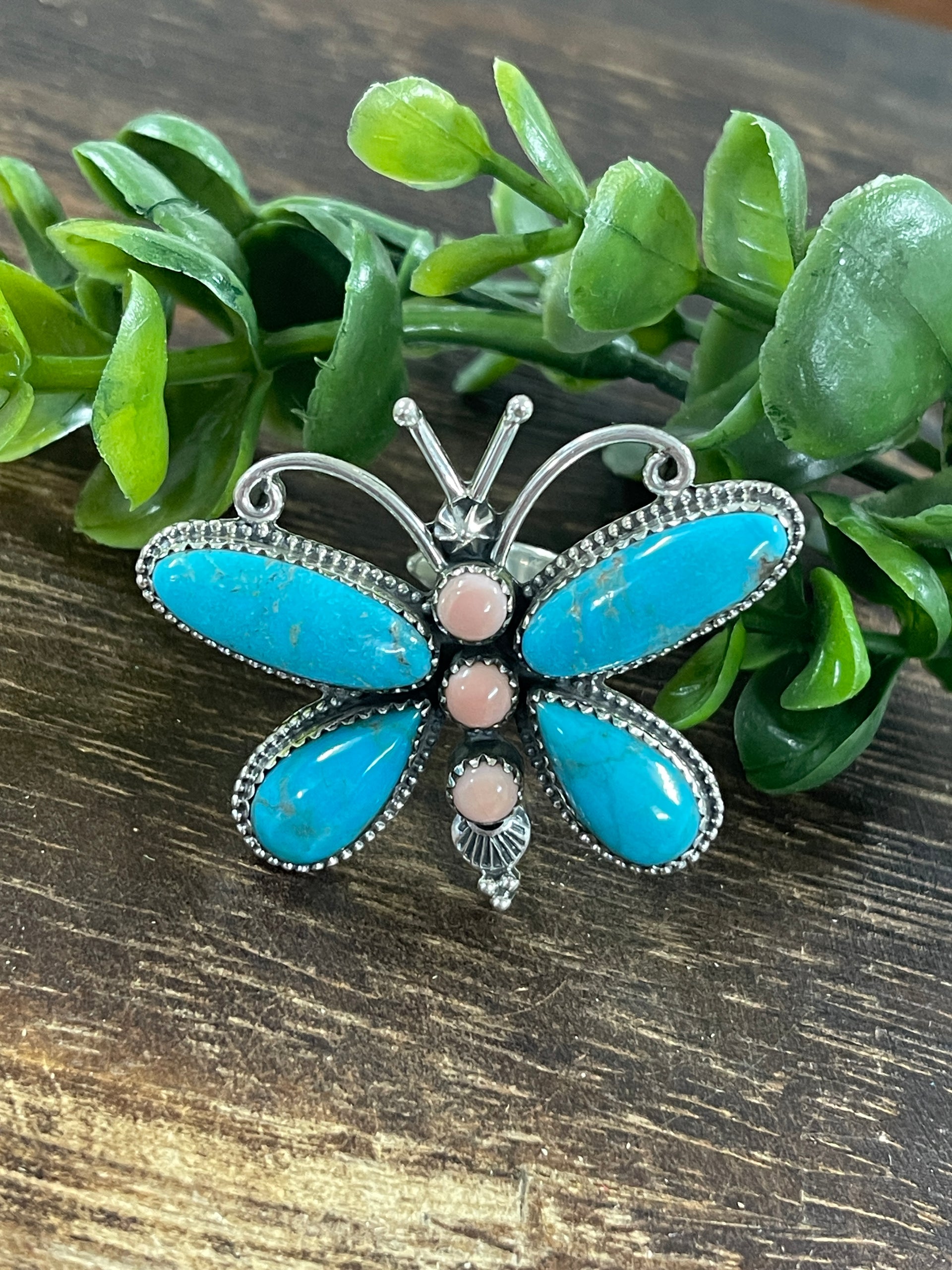 Navajo Made Multi Stone & Sterling Silver Butterfly Ring Adjustable