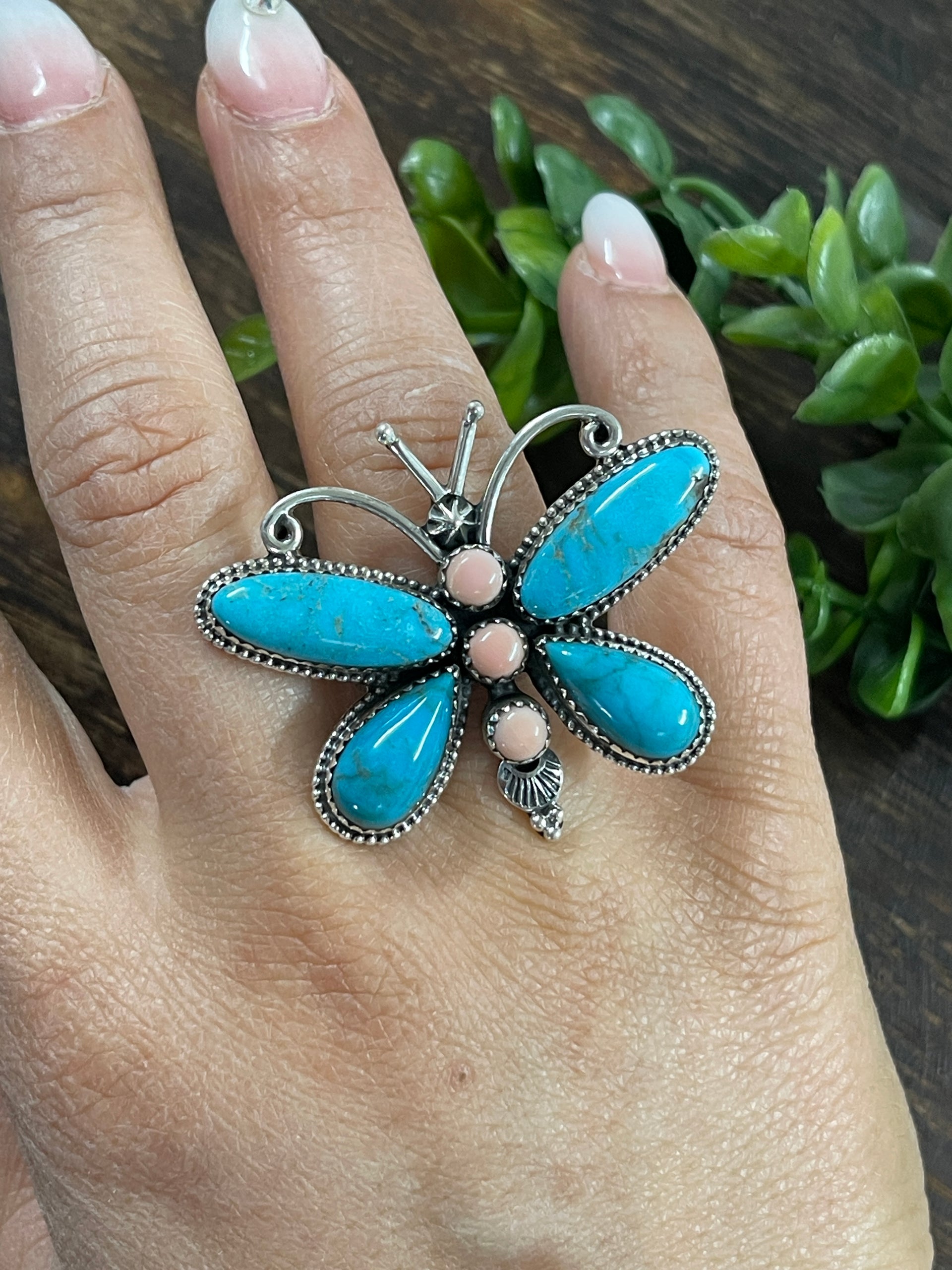 Navajo Made Multi Stone & Sterling Silver Butterfly Ring Adjustable