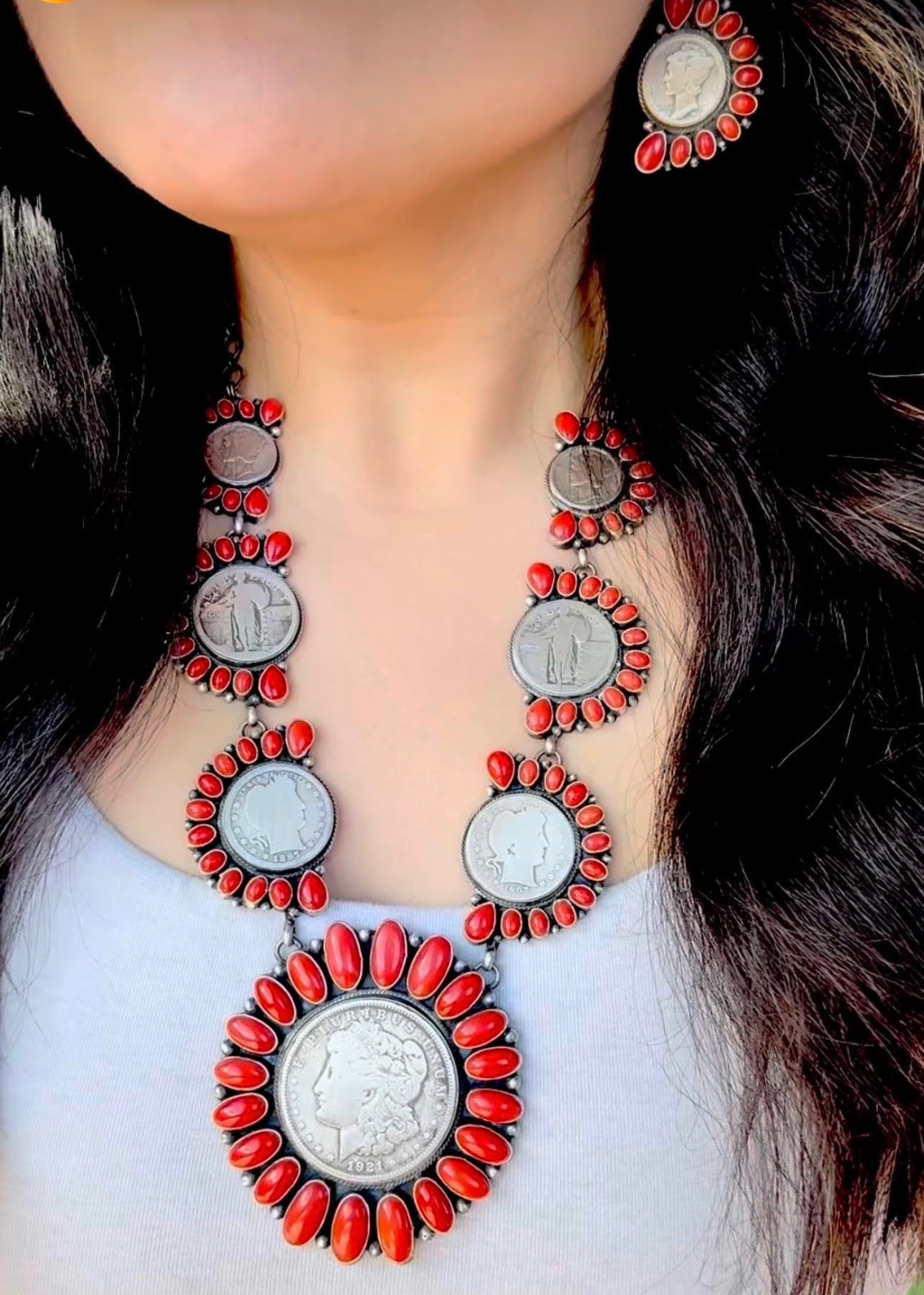 Navajo Made Natural Coral & Sterling Silver Necklace Set