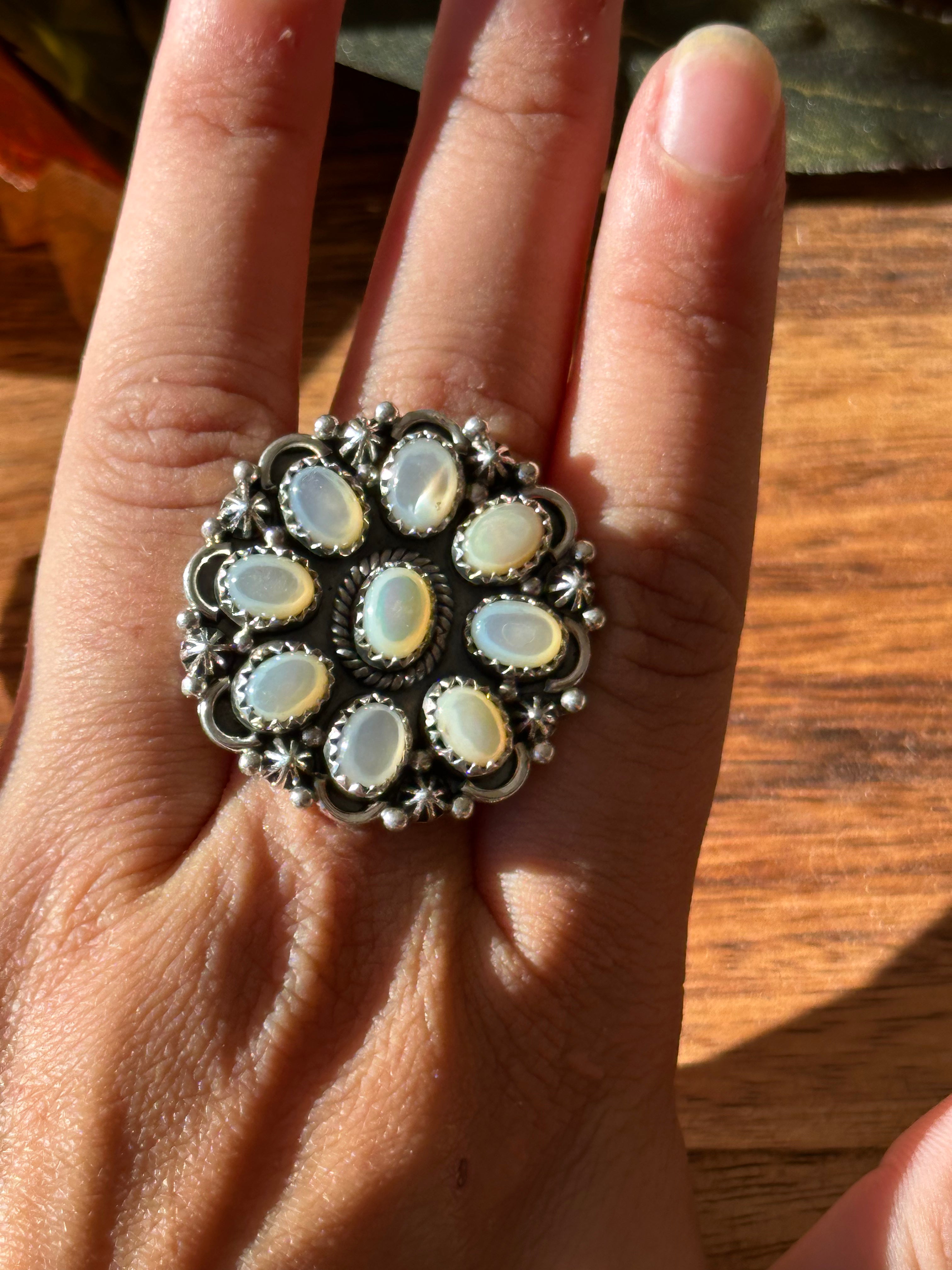 Southwest Handmade Mother of Pearl & Sterling Silver Cluster Adjustable Ring
