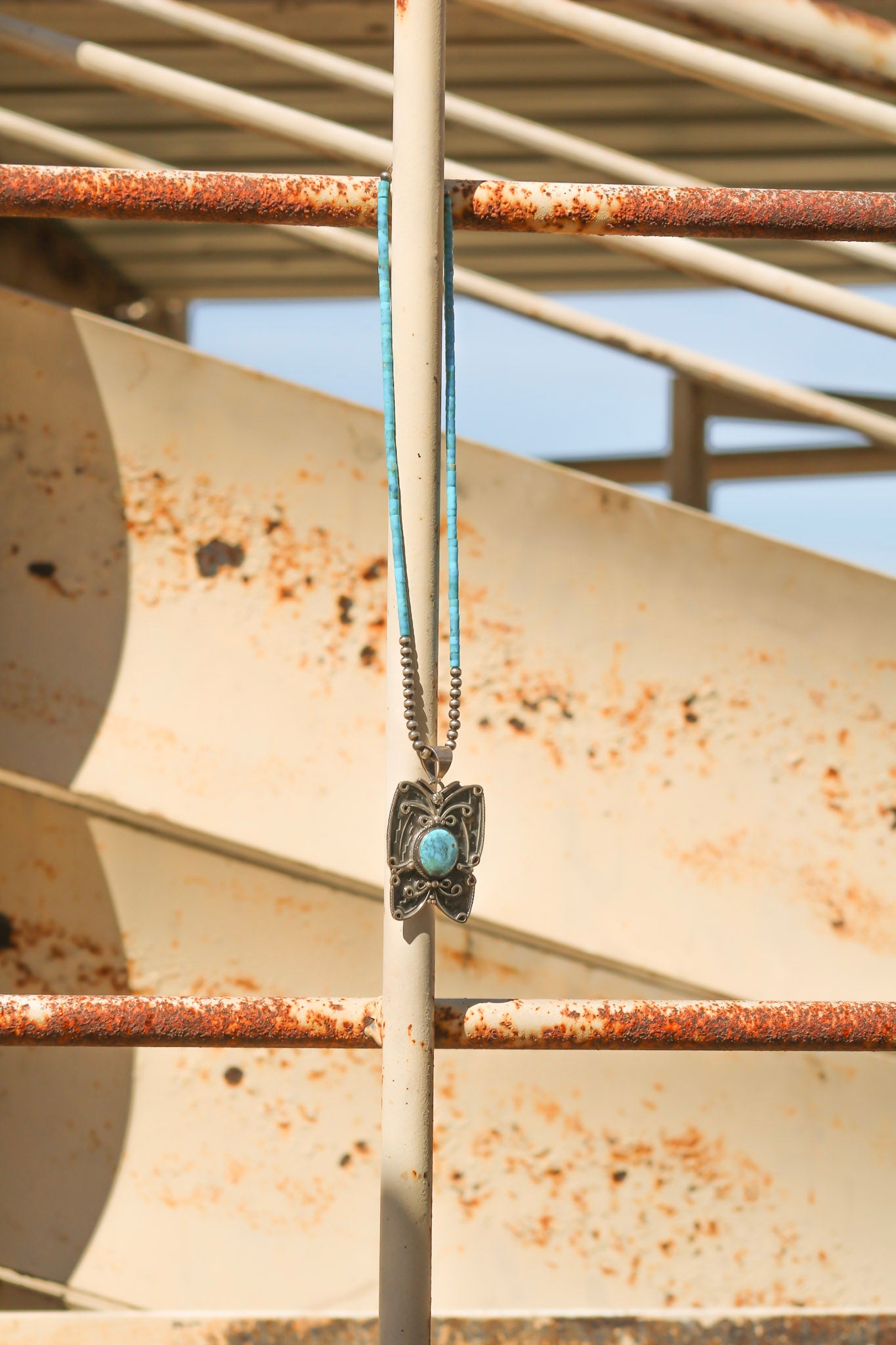 Navajo Made Kingman Turquoise & Sterling Silver Butterfly Beaded Necklace