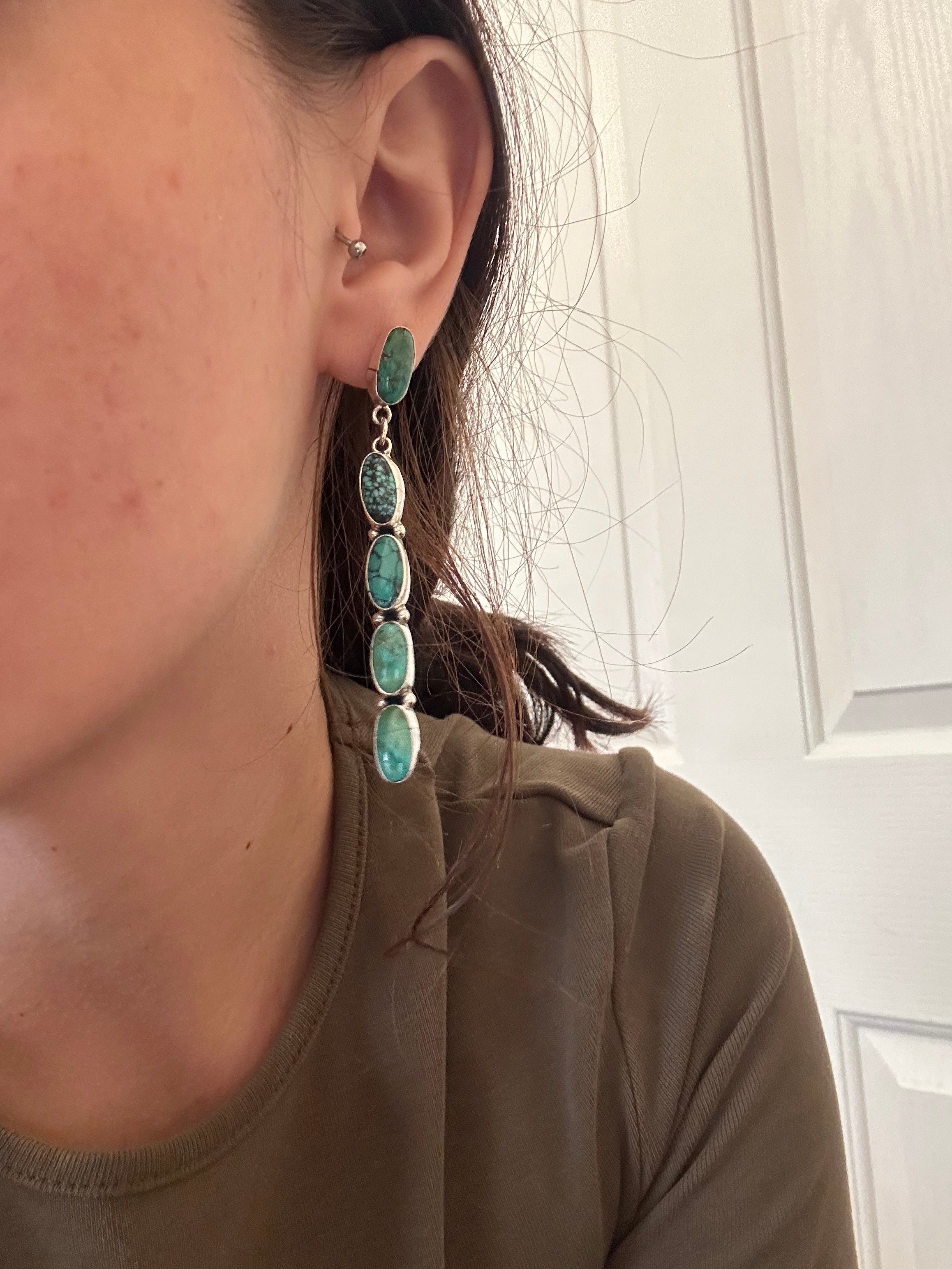 Navajo Made Tibetan Turquoise & Sterling Silver Post Dangle Earrings