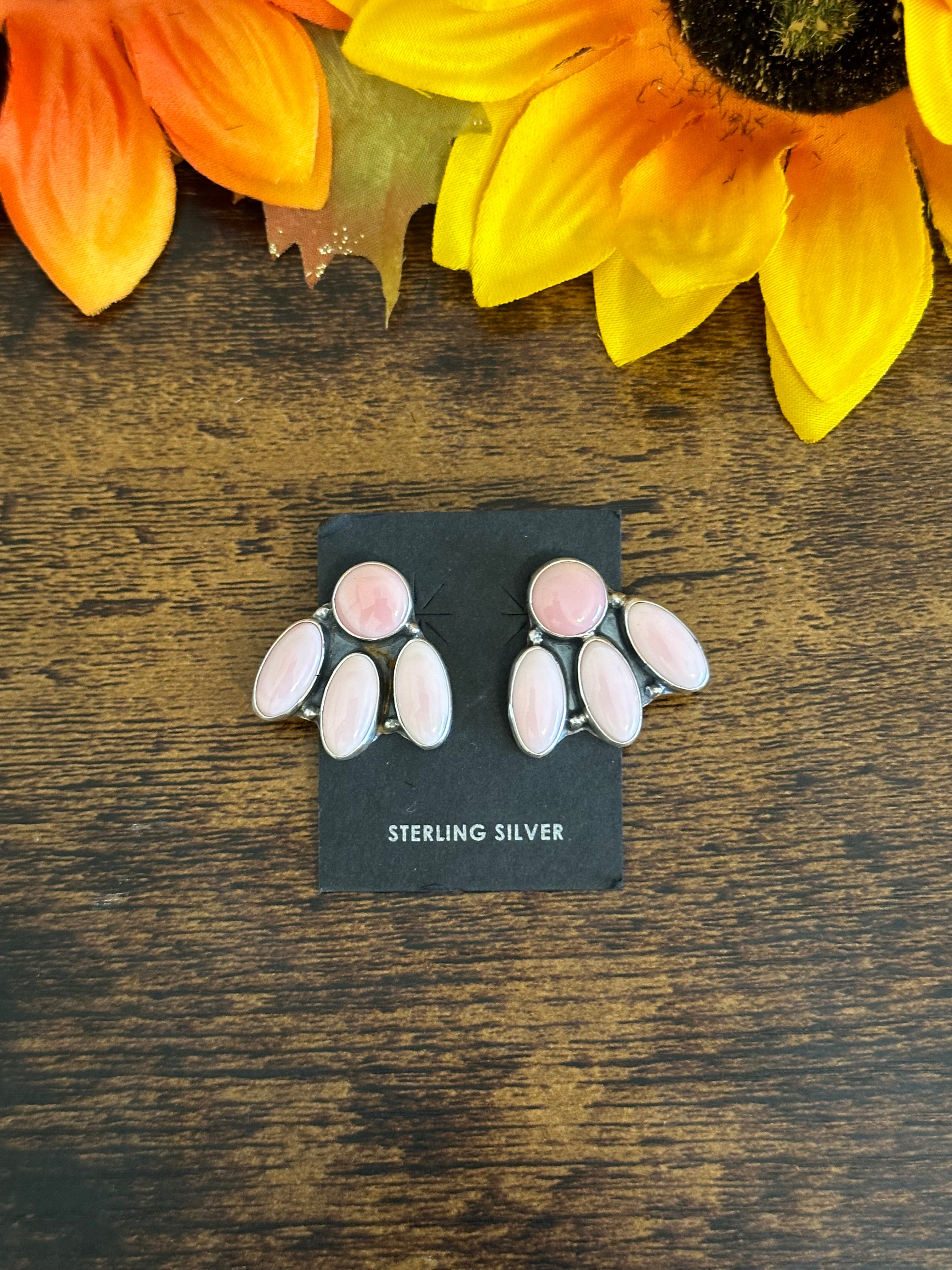 Navajo Made Pink Conch & Sterling Silver Post Dangle Earrings
