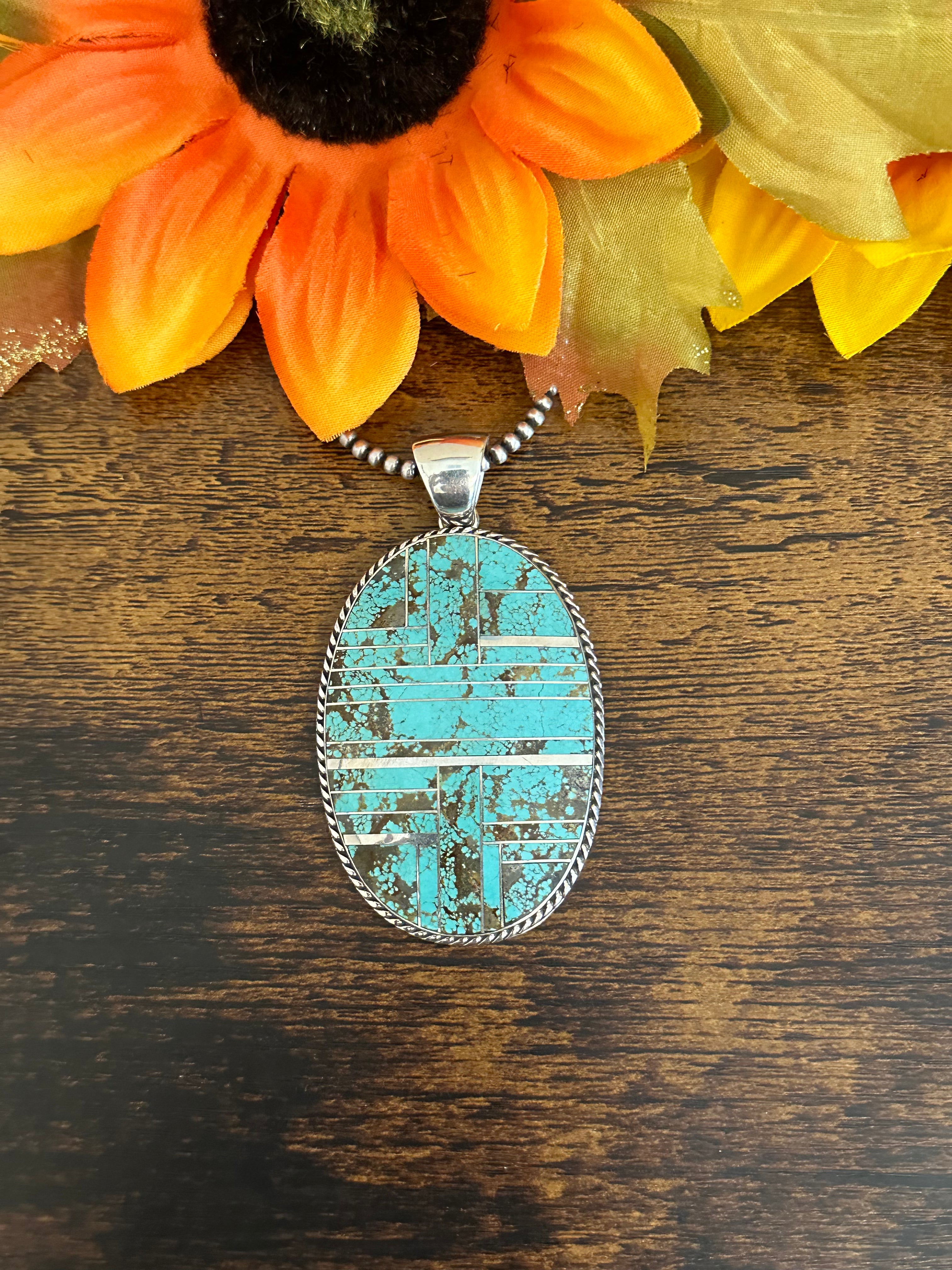 Larry Kay #8 Turquoise & Sterling Silver Inlay Pendant