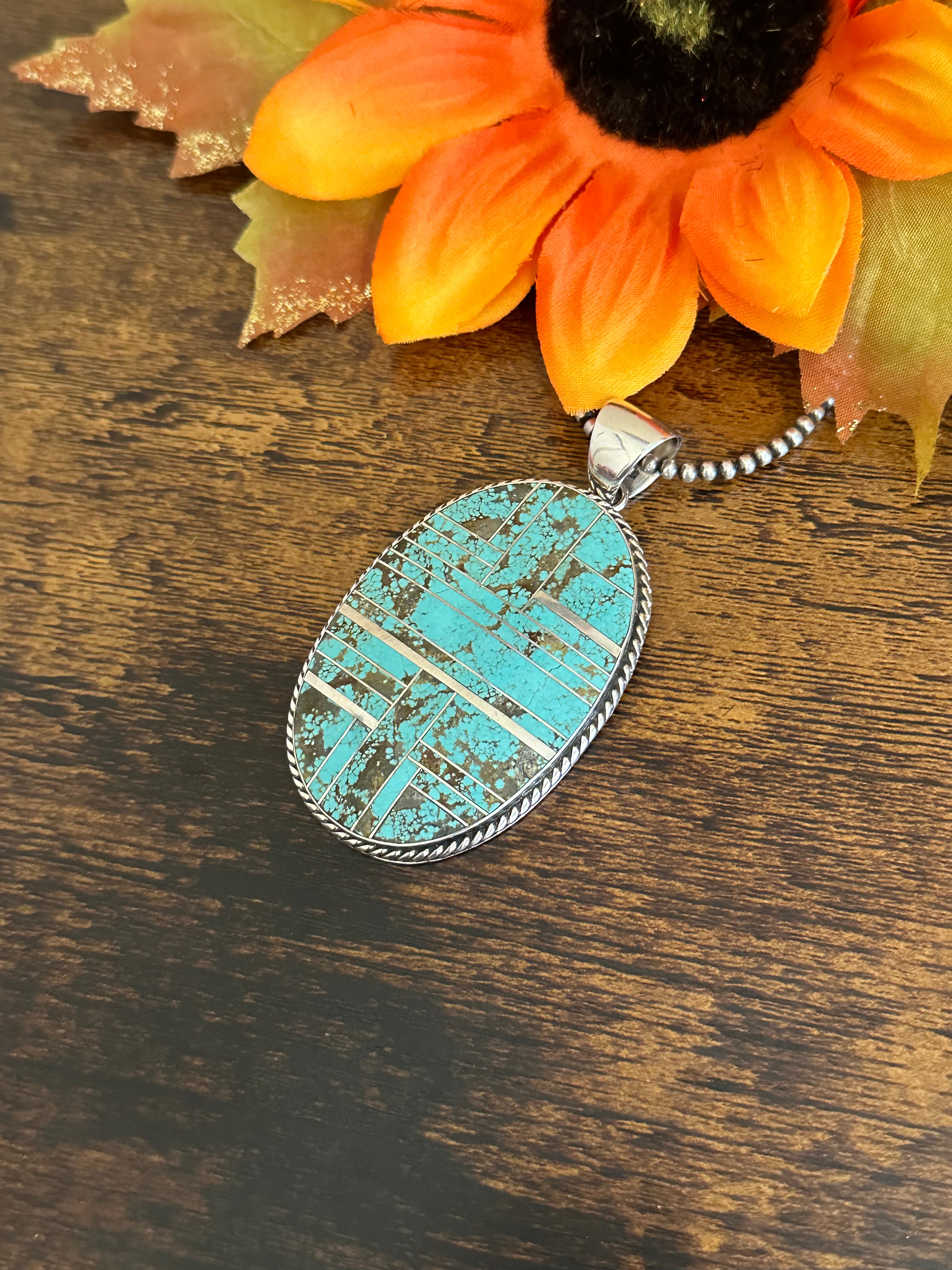 Larry Kay #8 Turquoise & Sterling Silver Inlay Pendant