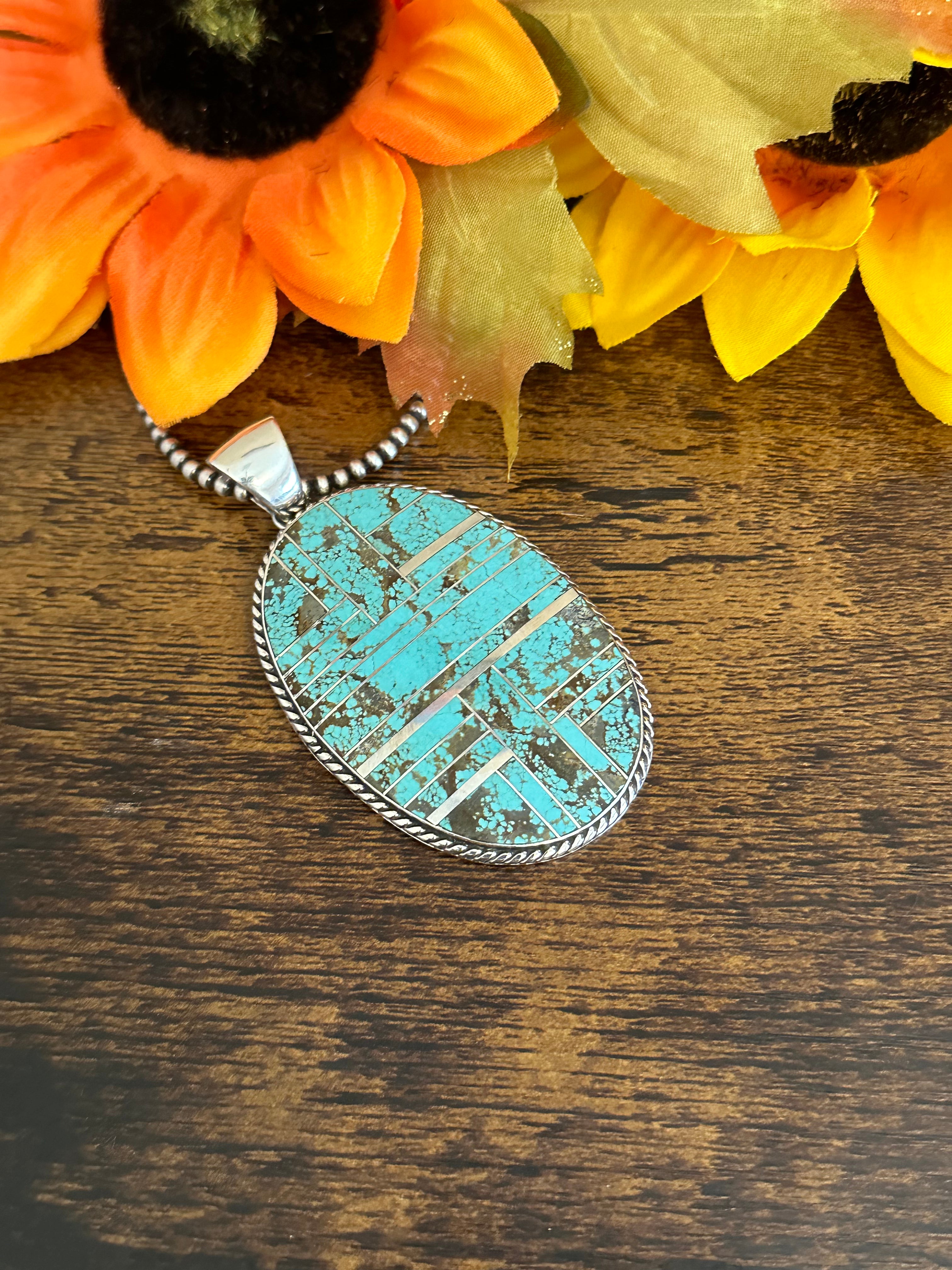 Larry Kay #8 Turquoise & Sterling Silver Inlay Pendant