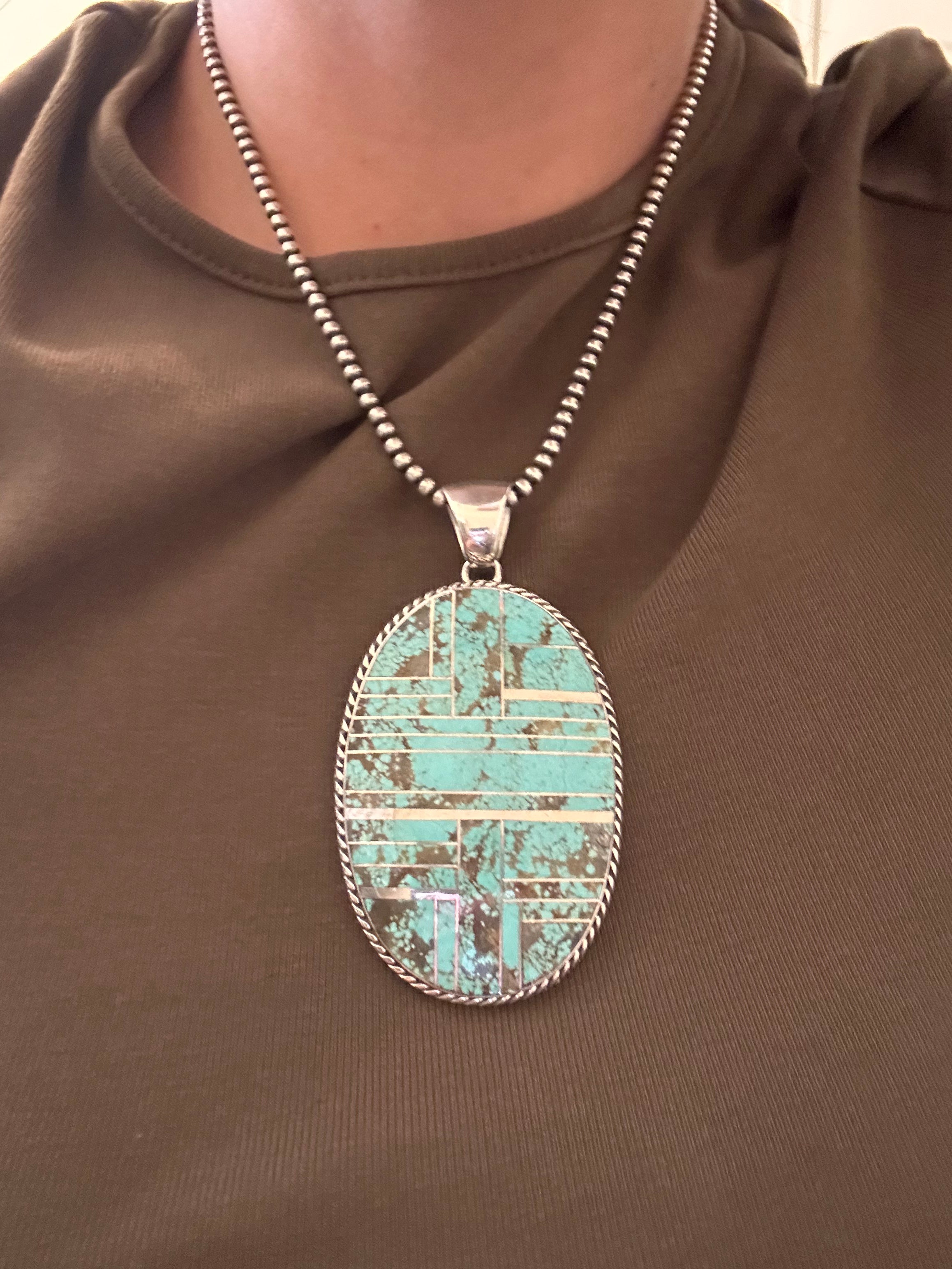 Larry Kay #8 Turquoise & Sterling Silver Inlay Pendant