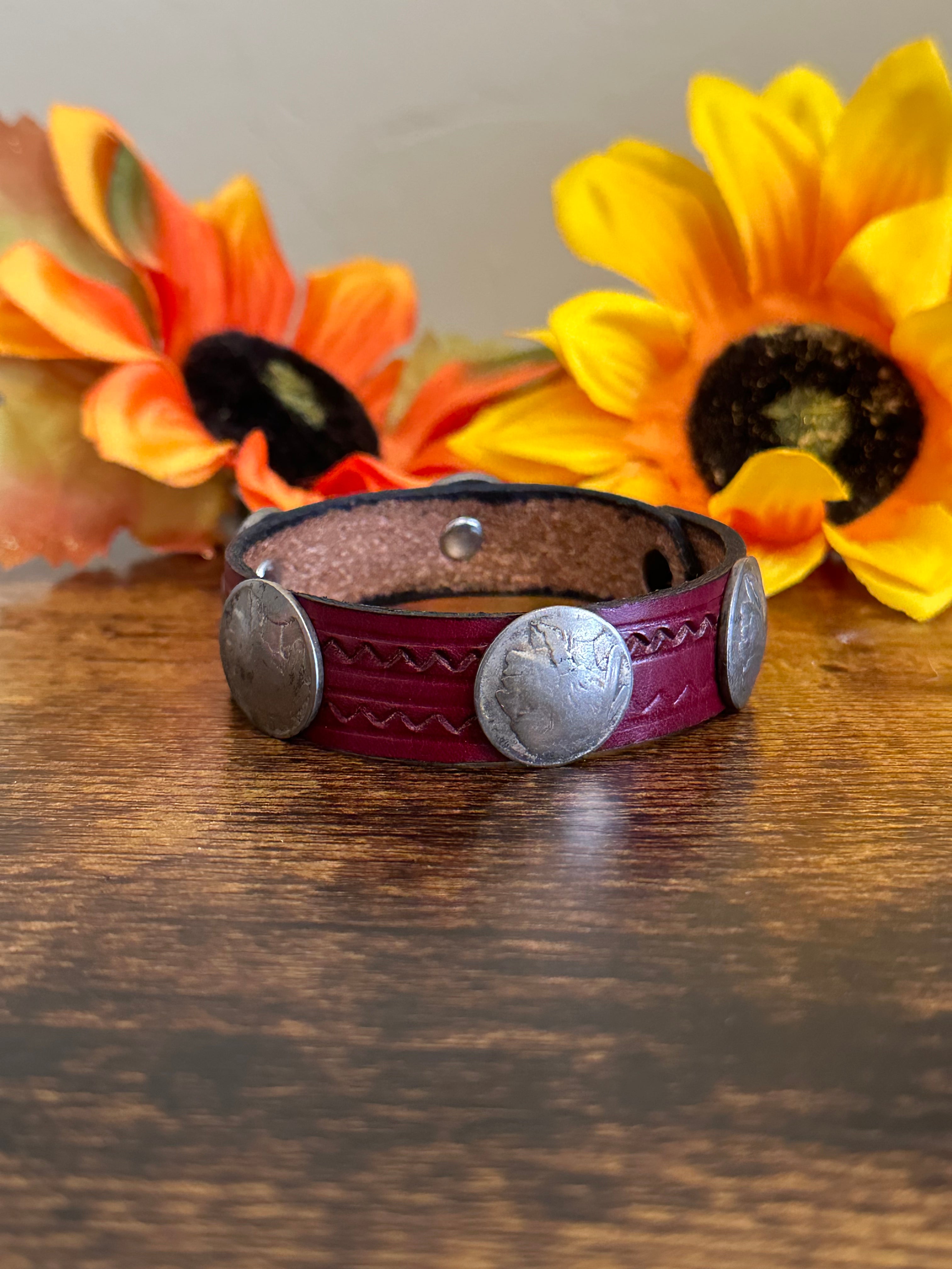 Navajo Made Leather & Sterling Silver Coin Bracelet