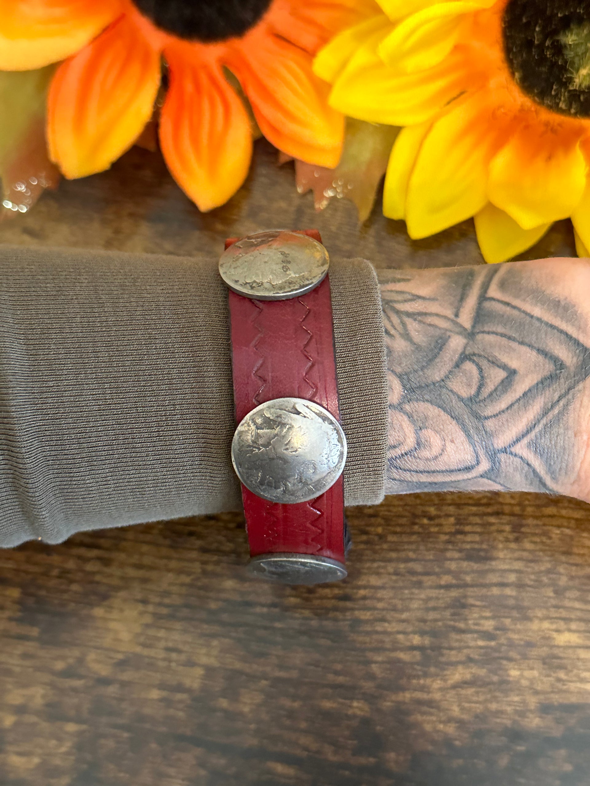 Navajo Made Leather & Sterling Silver Coin Bracelet