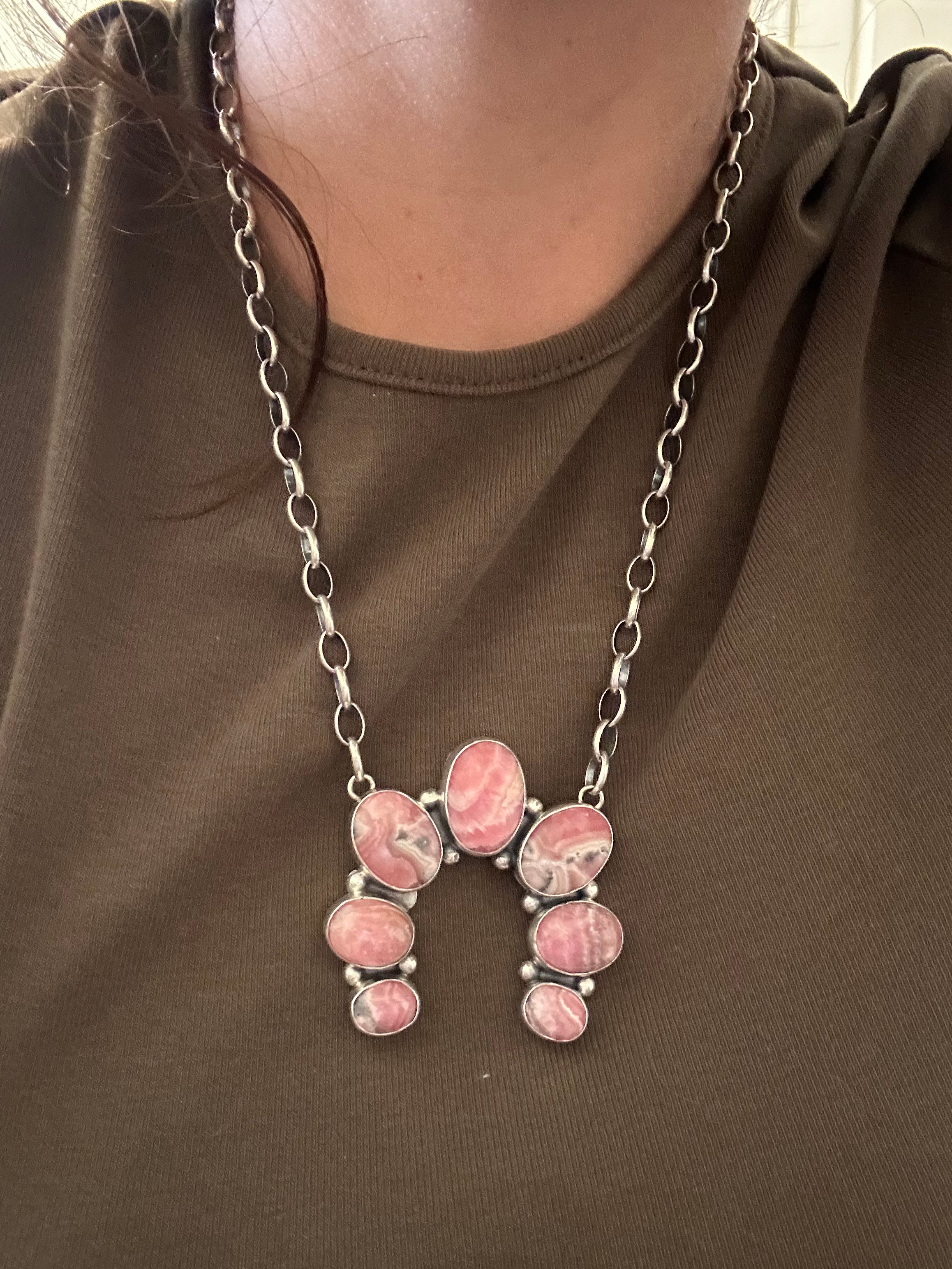 Tony Skeets Rhodochrosite & Sterling Silver Naja Necklace