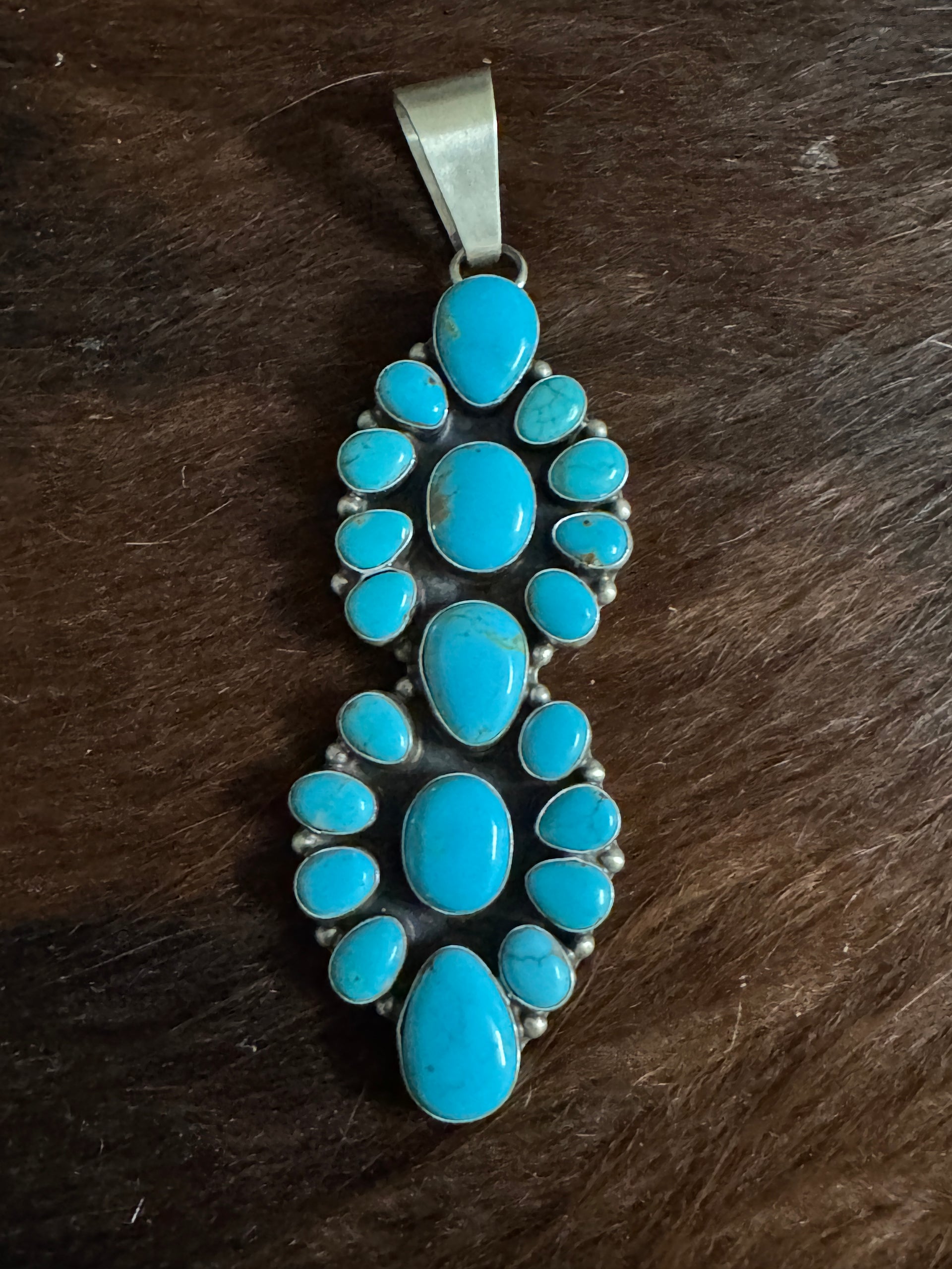Navajo Made Kingman Turquoise & Sterling Silver Cluster Pendant