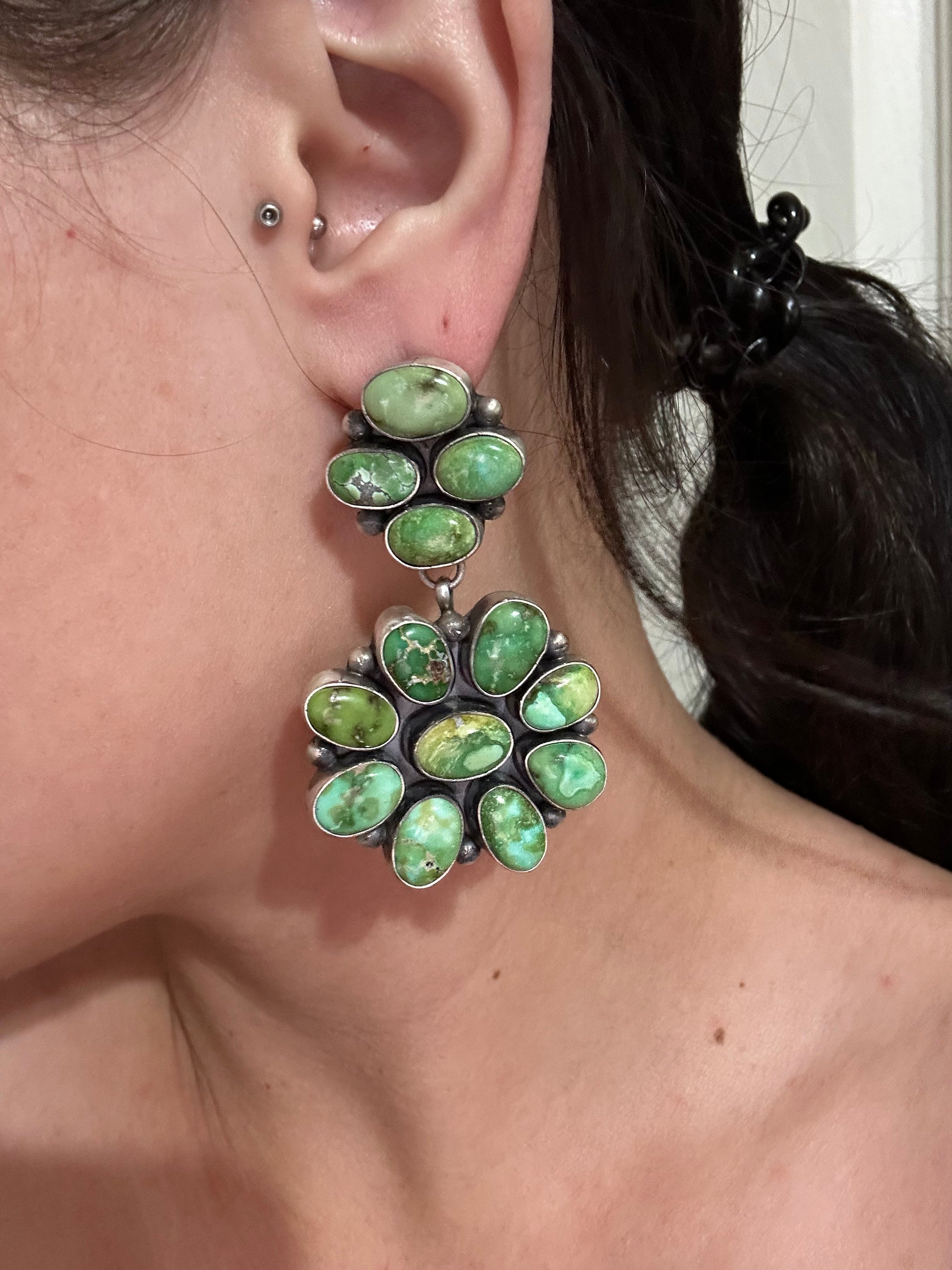 Timothy Yazzie Sonoran Gold Turquoise & Sterling Silver Post Cluster Dangle Earrings