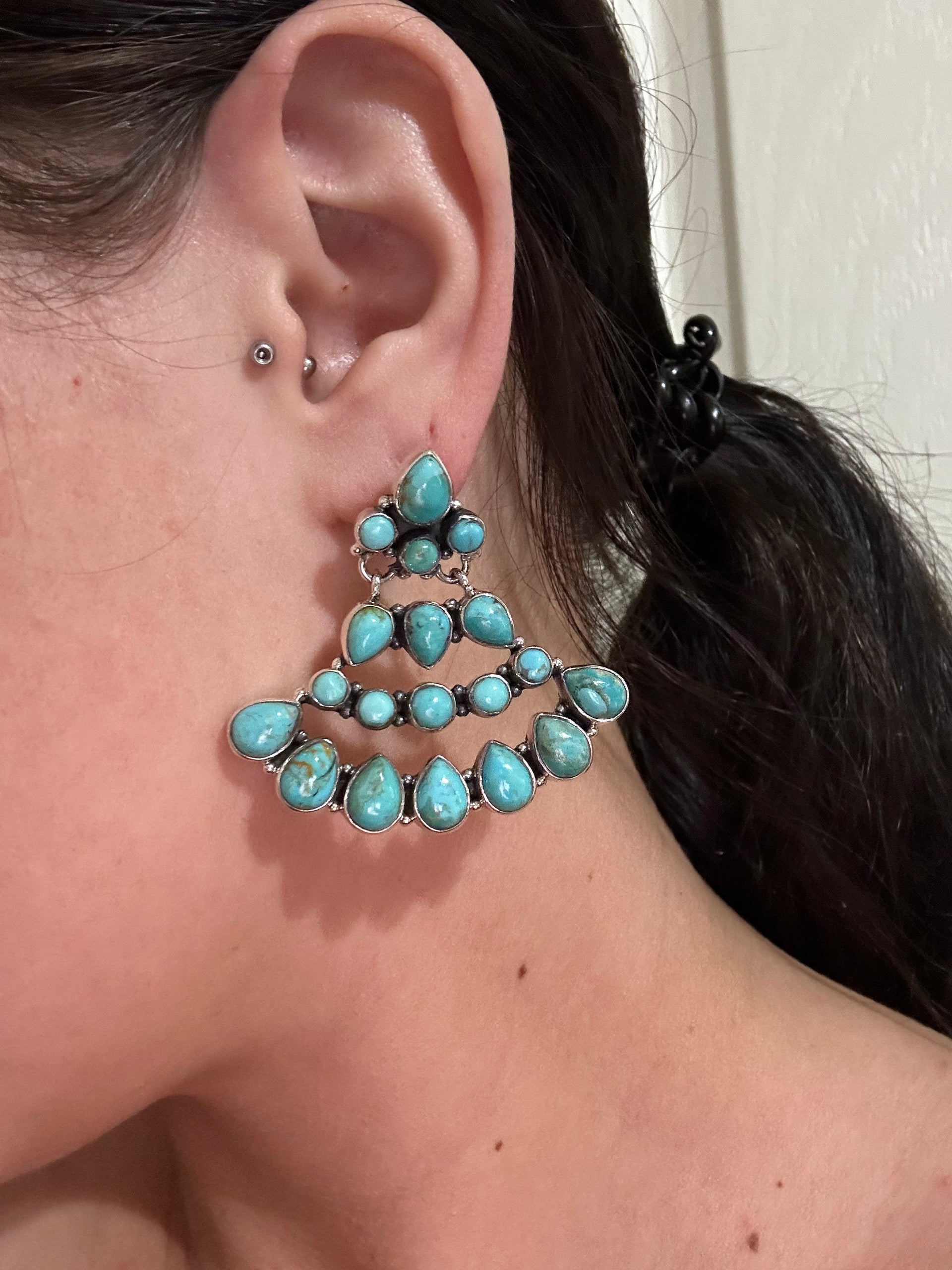 Southwest Handmade Kingman Turquoise & Sterling Silver Post Dangle Cluster Earrings