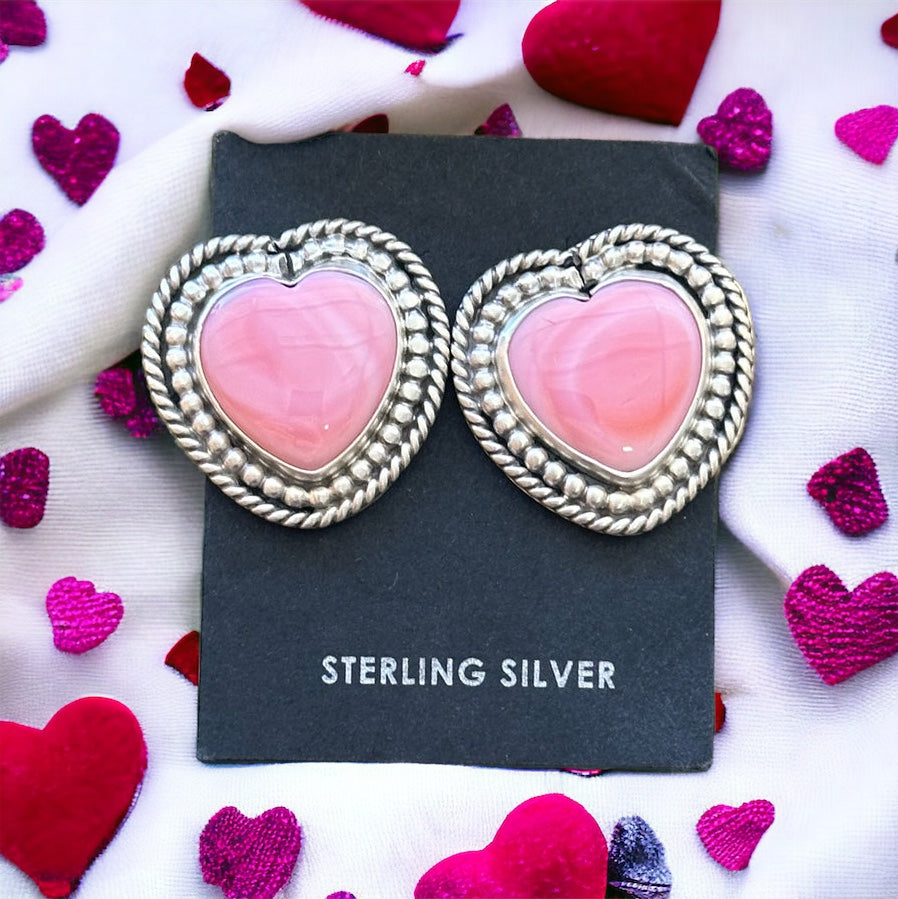 Navajo Handmade Pink Conch & Sterling Silver Post Heart Earrings