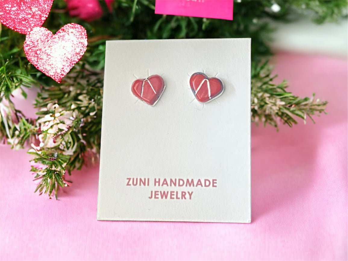 Karen Lalio Coral & Sterling Silver Inlay Heart Post Earrings