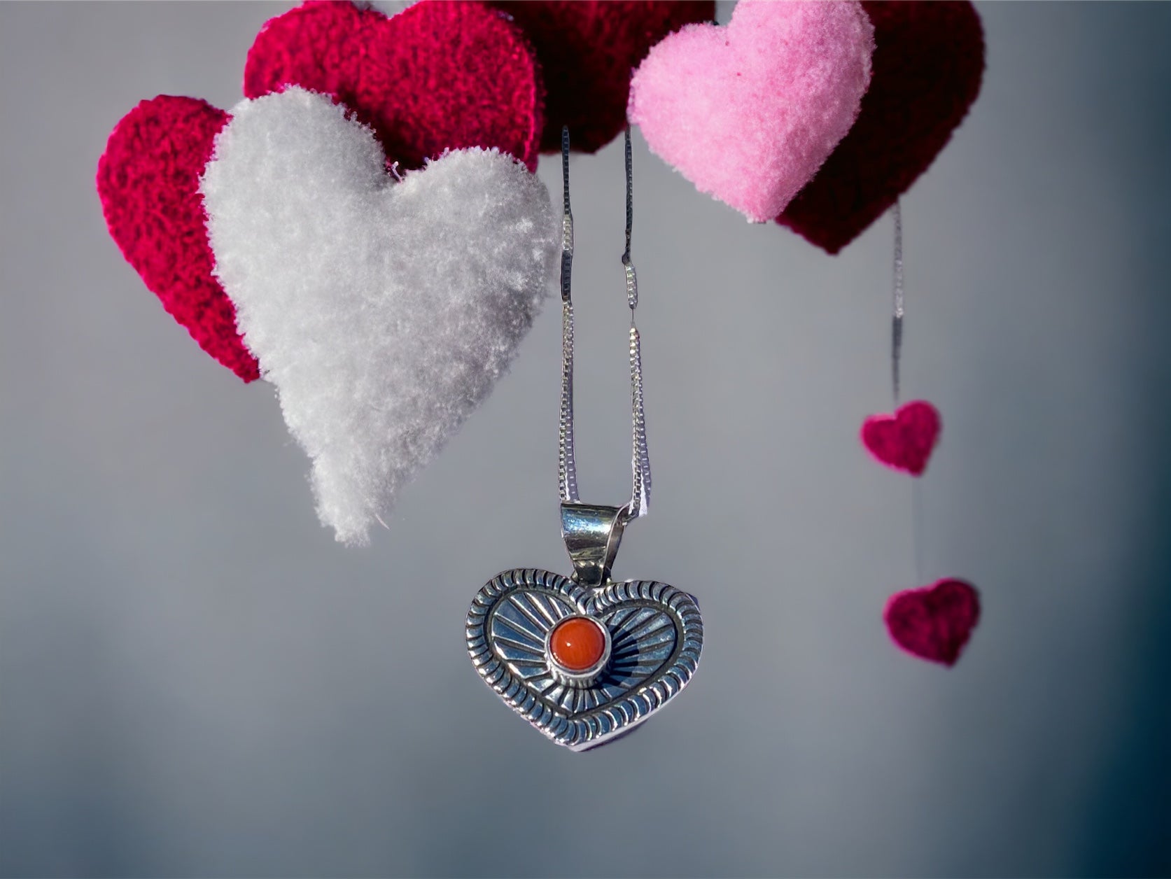 Navajo Made Coral & Sterling Silver Heart Necklace
