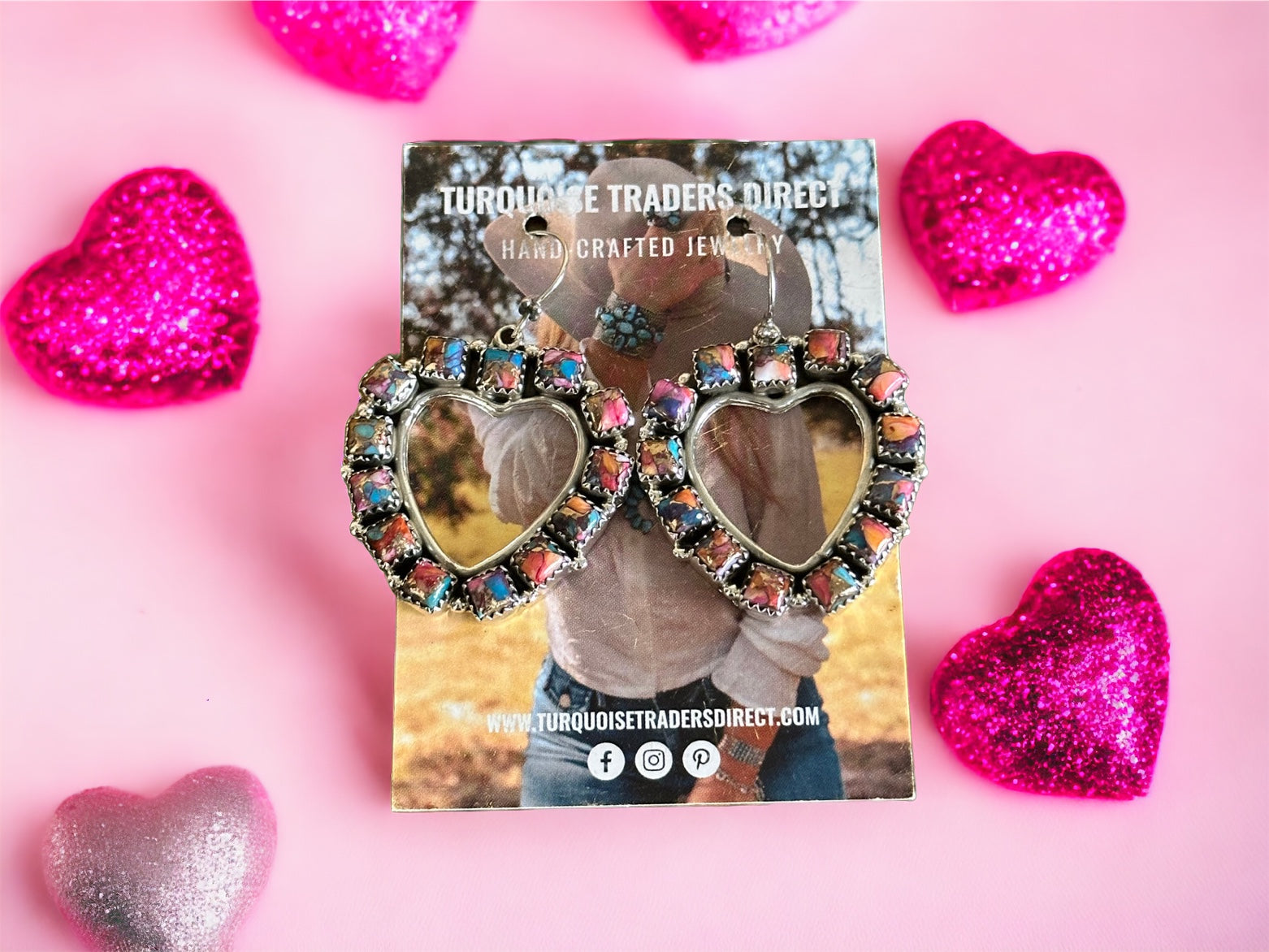 Southwest Handmade Mohave Turquoise & Sterling Silver Dangle Cluster Heart Earrings