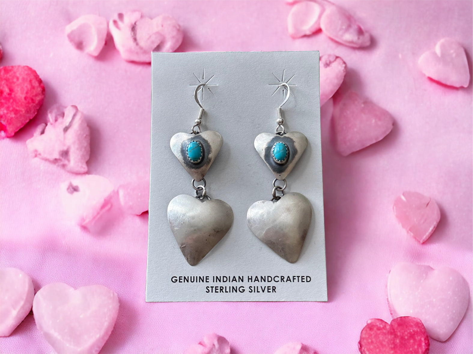 Tim Yazzie Kingman Turquoise & Sterling Silver Heart Dangle Earrings