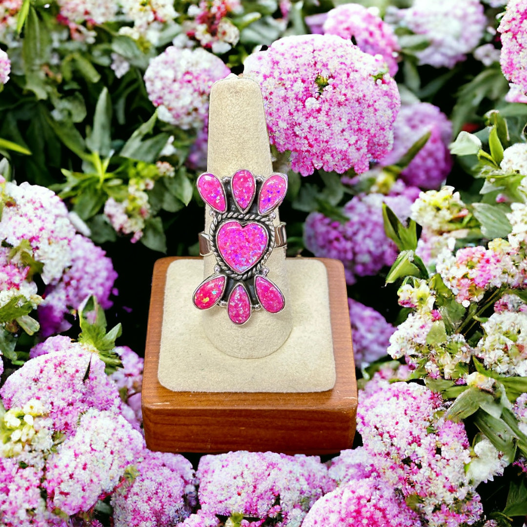 Southwest Handmade Hot Pink Opal & Sterling Silver Cluster Adjustable Rings