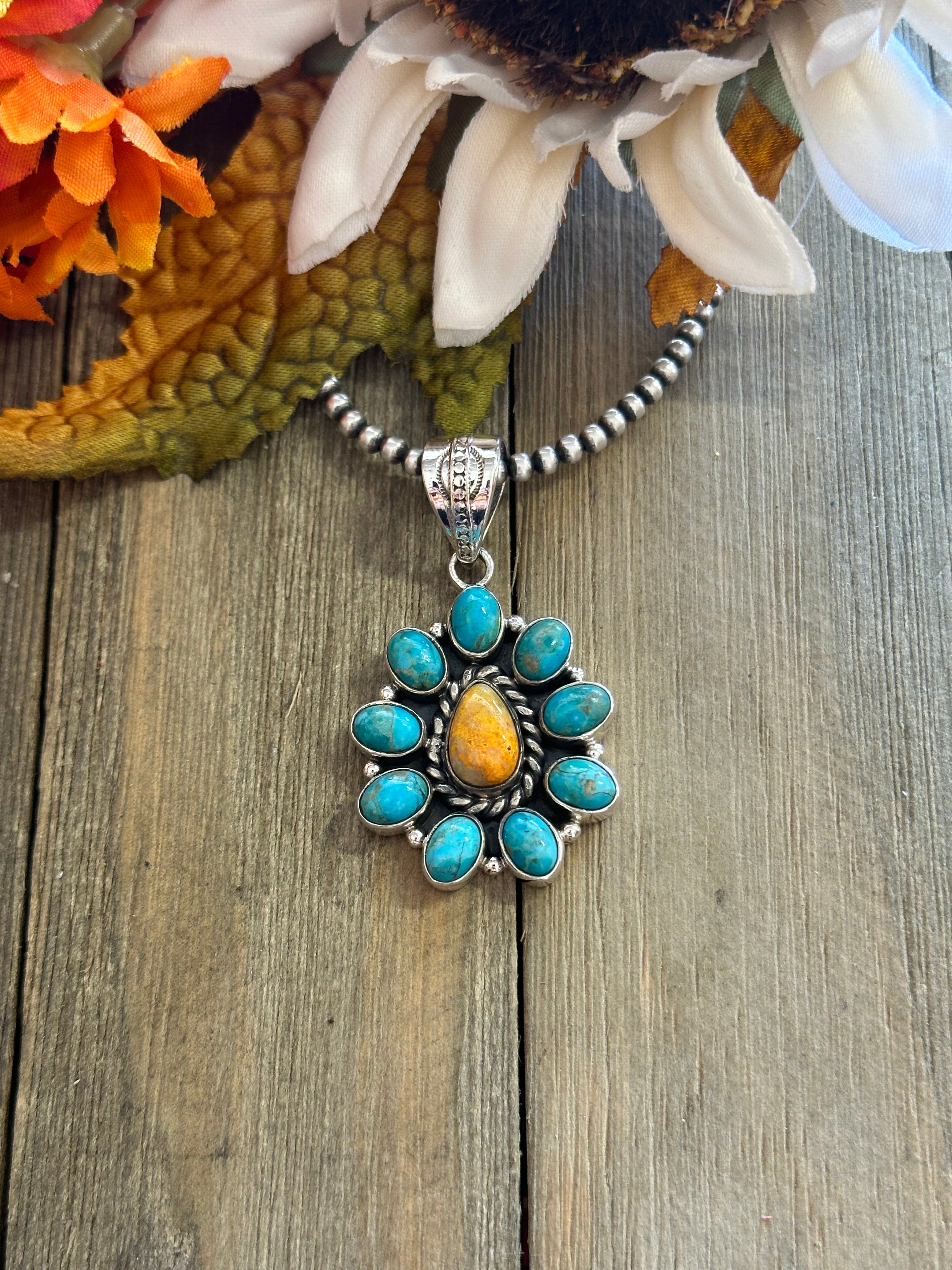 Southwest Handmade Multi Stone & Sterling Silver Cluster Pendant