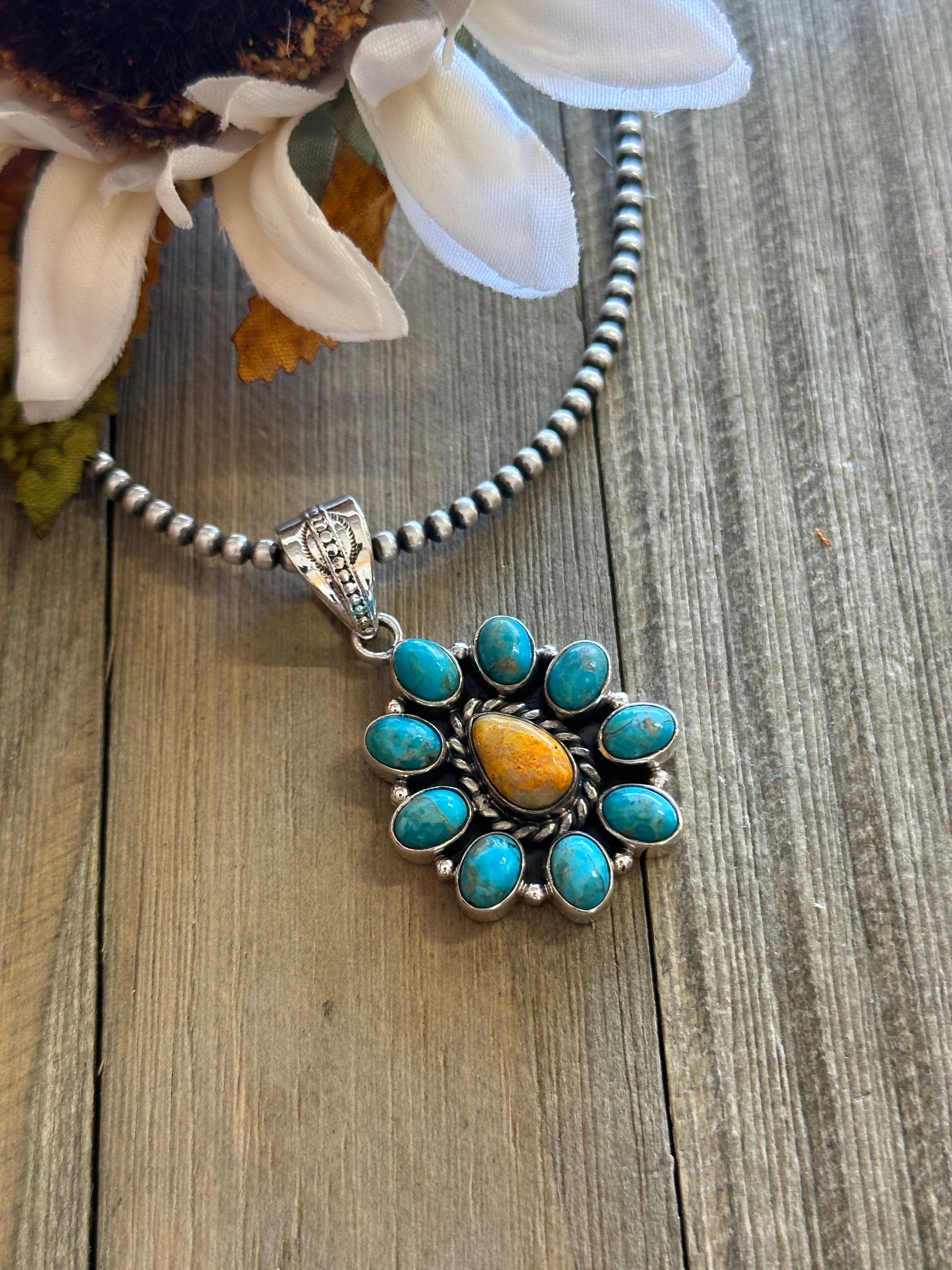 Southwest Handmade Multi Stone & Sterling Silver Cluster Pendant