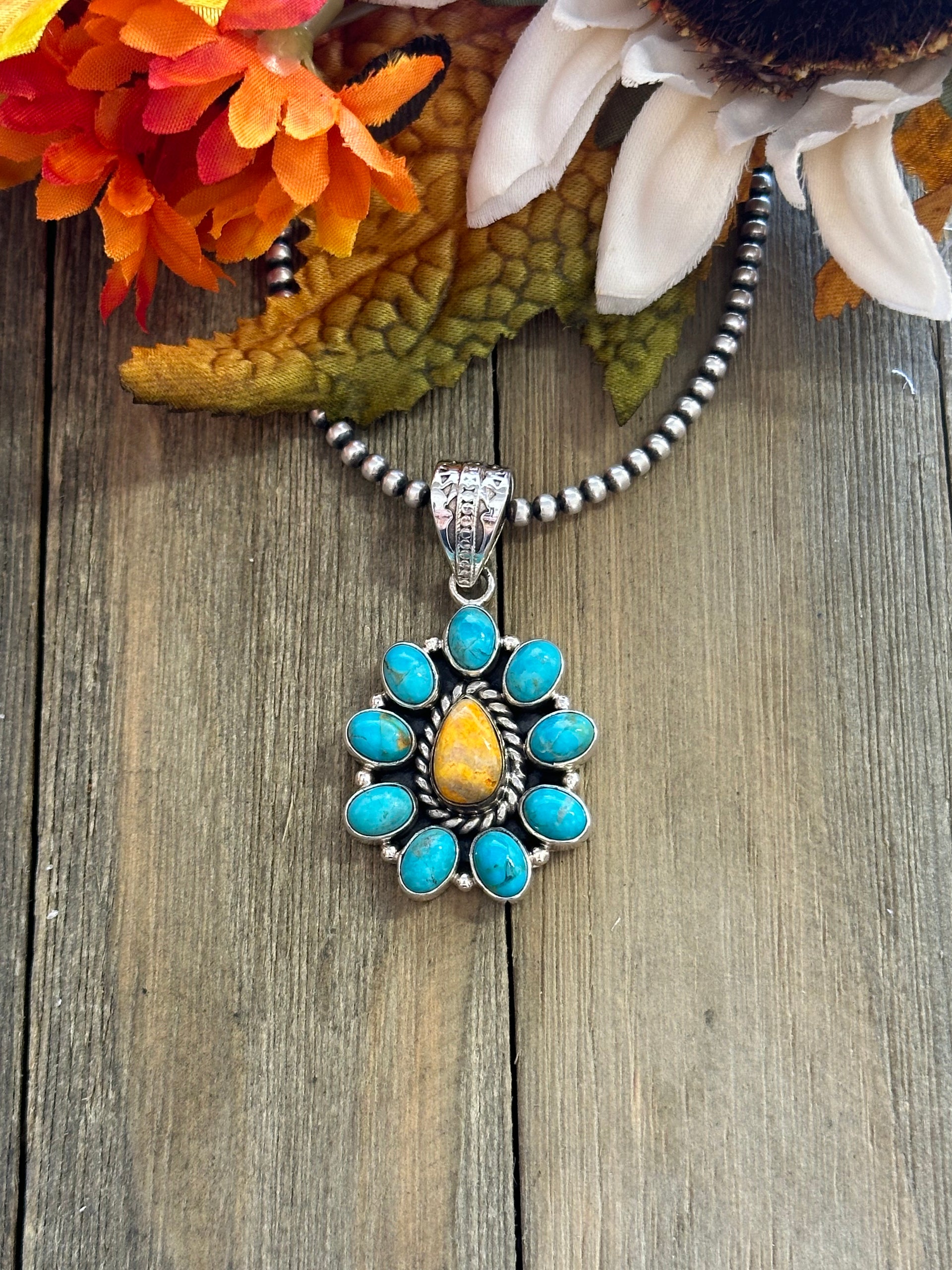 Southwest Handmade Multi Stone & Sterling Silver Cluster Pendant